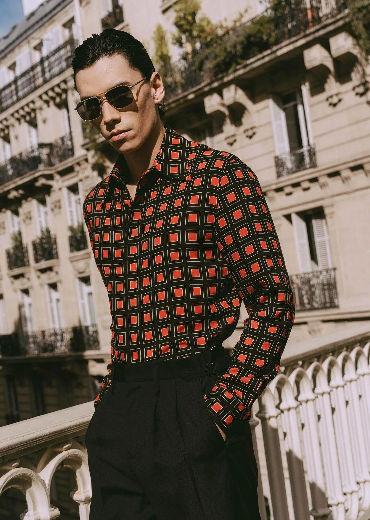 70s Burnt Orange Geometric Square Viscose Shirt - Image 3