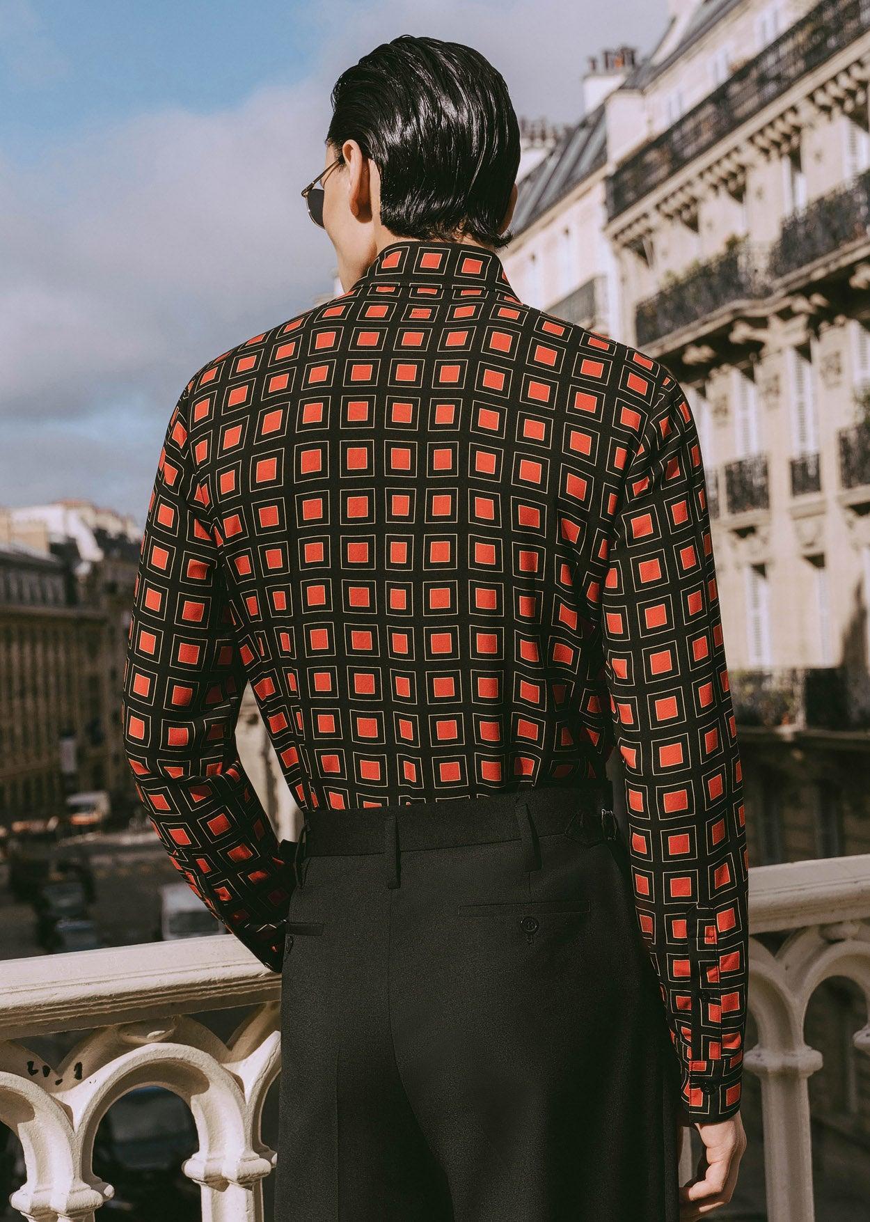 70s Burnt Orange Geometric Square Viscose Shirt - Image 5