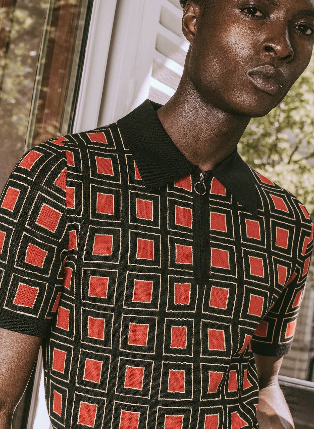 70s Burnt Orange Geometric Square Zip Knitted Polo - Image 3