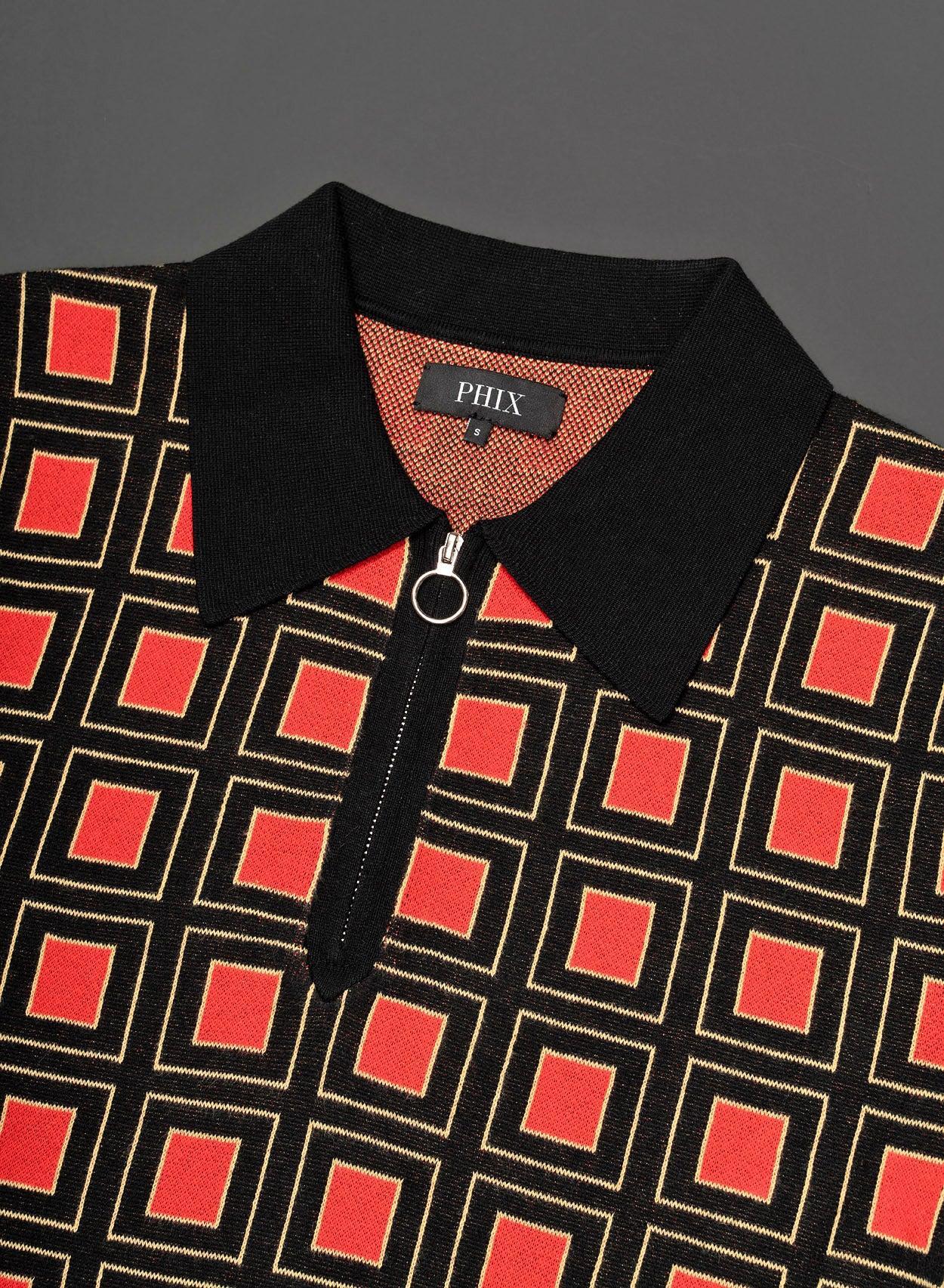 70s Burnt Orange Geometric Square Zip Knitted Polo - Image 5