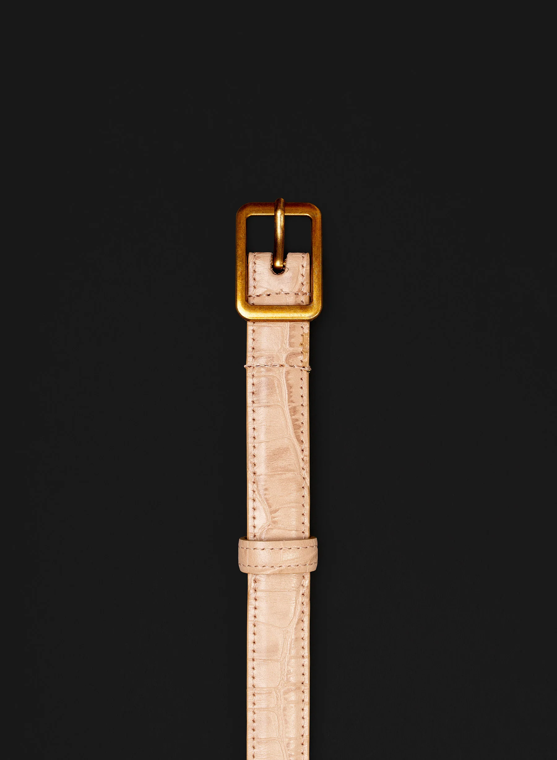 Beige Croc Effect Leather Square Buckle Belt - Image 4