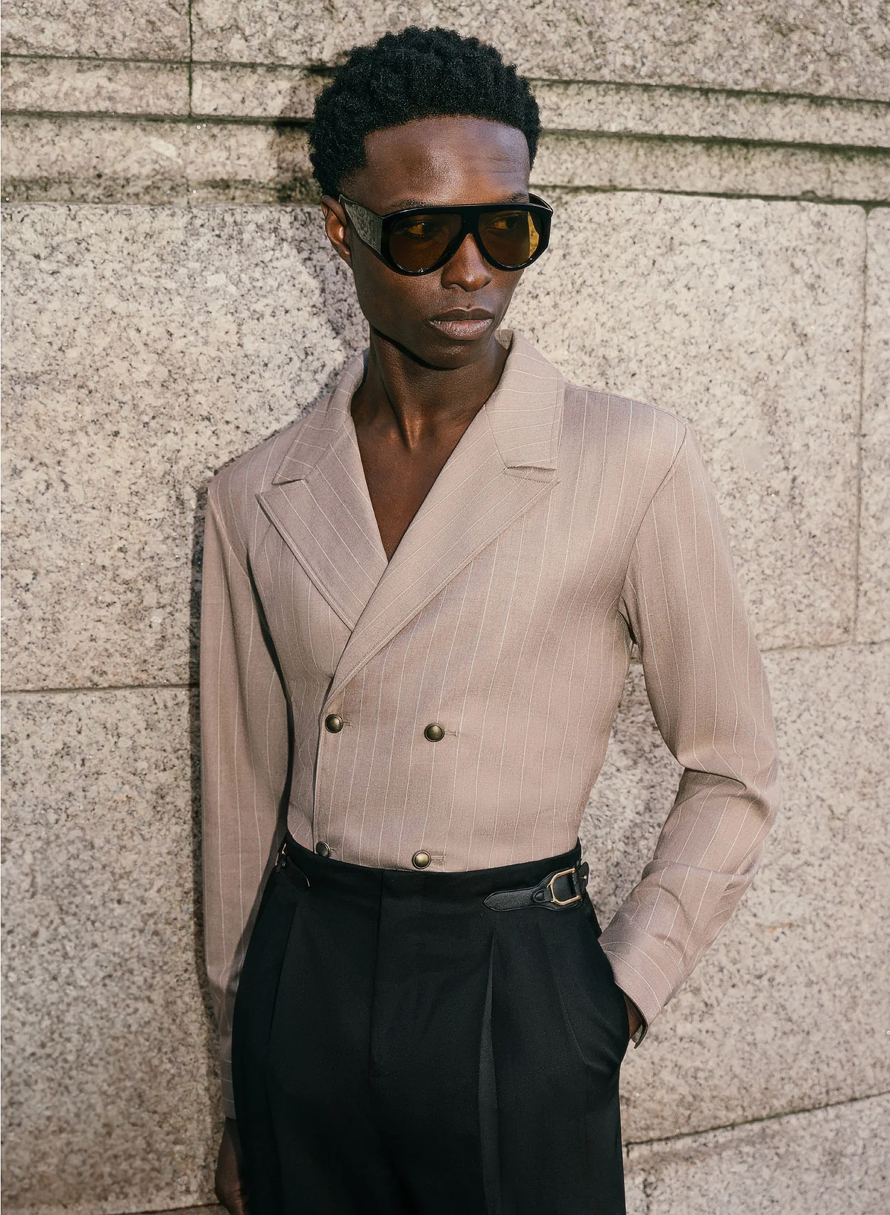 Beige Double Breasted Pinstripe Shirt - Image 3