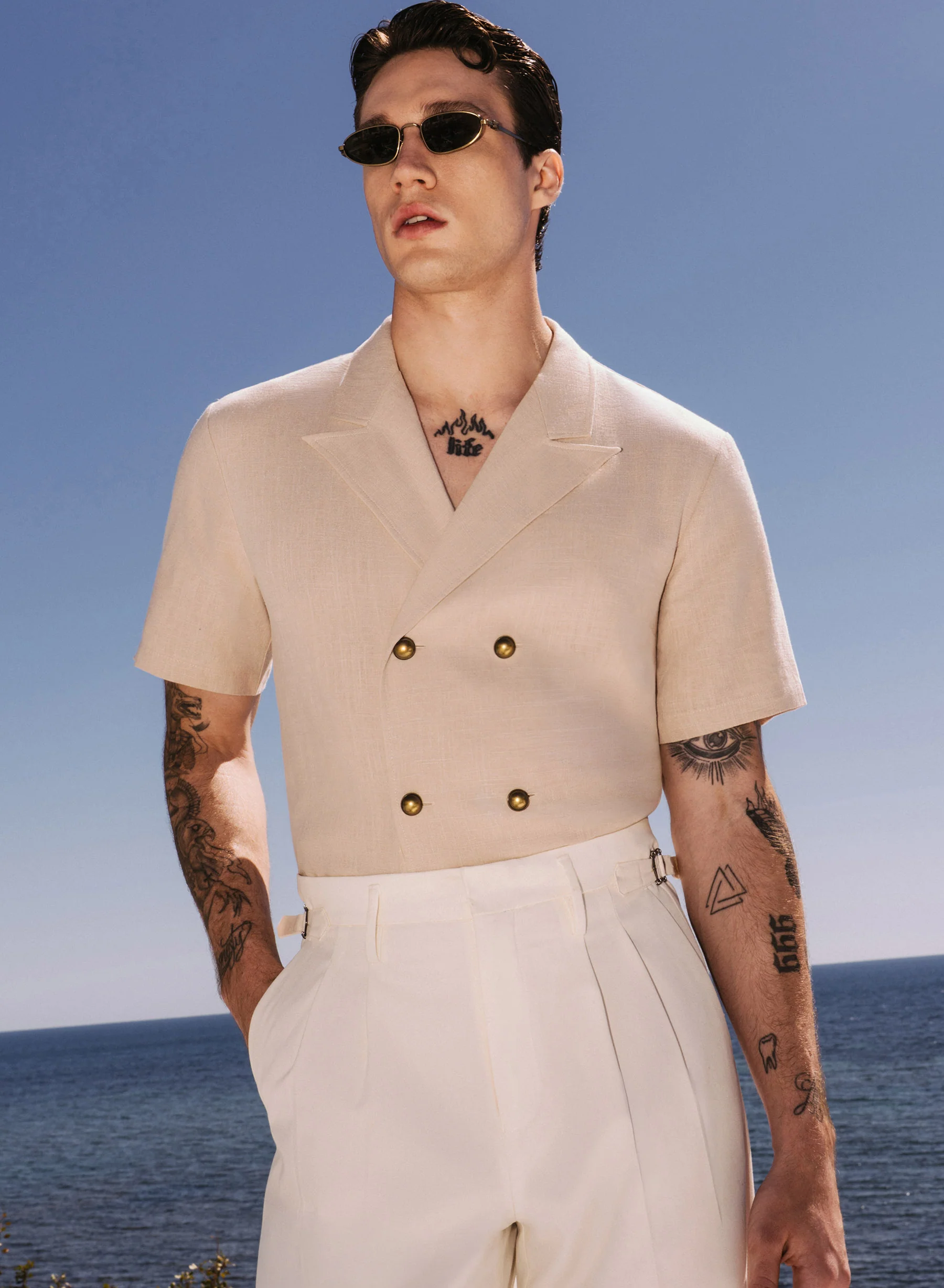 Beige Short Sleeve Linen Double Breasted Shirt