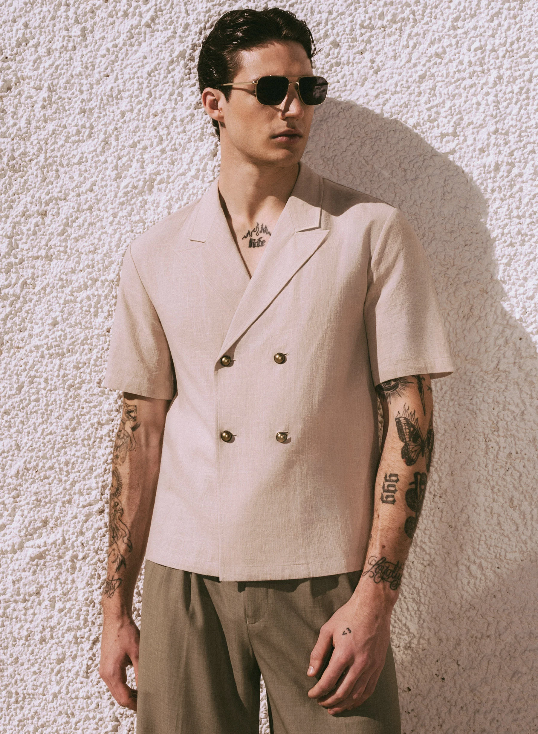 Beige Short Sleeve Linen Double Breasted Shirt - Image 2