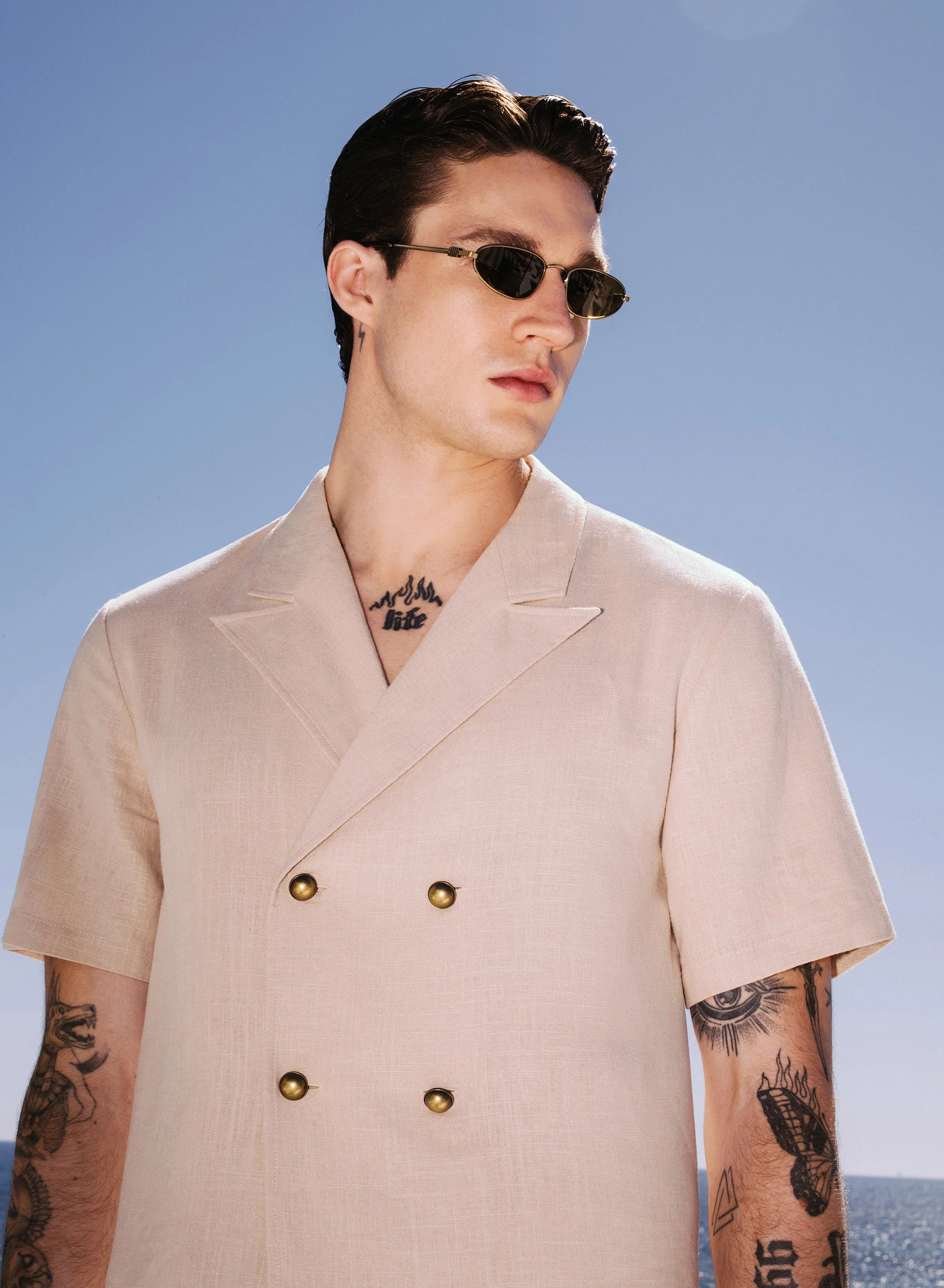 Beige Short Sleeve Linen Double Breasted Shirt - Image 6
