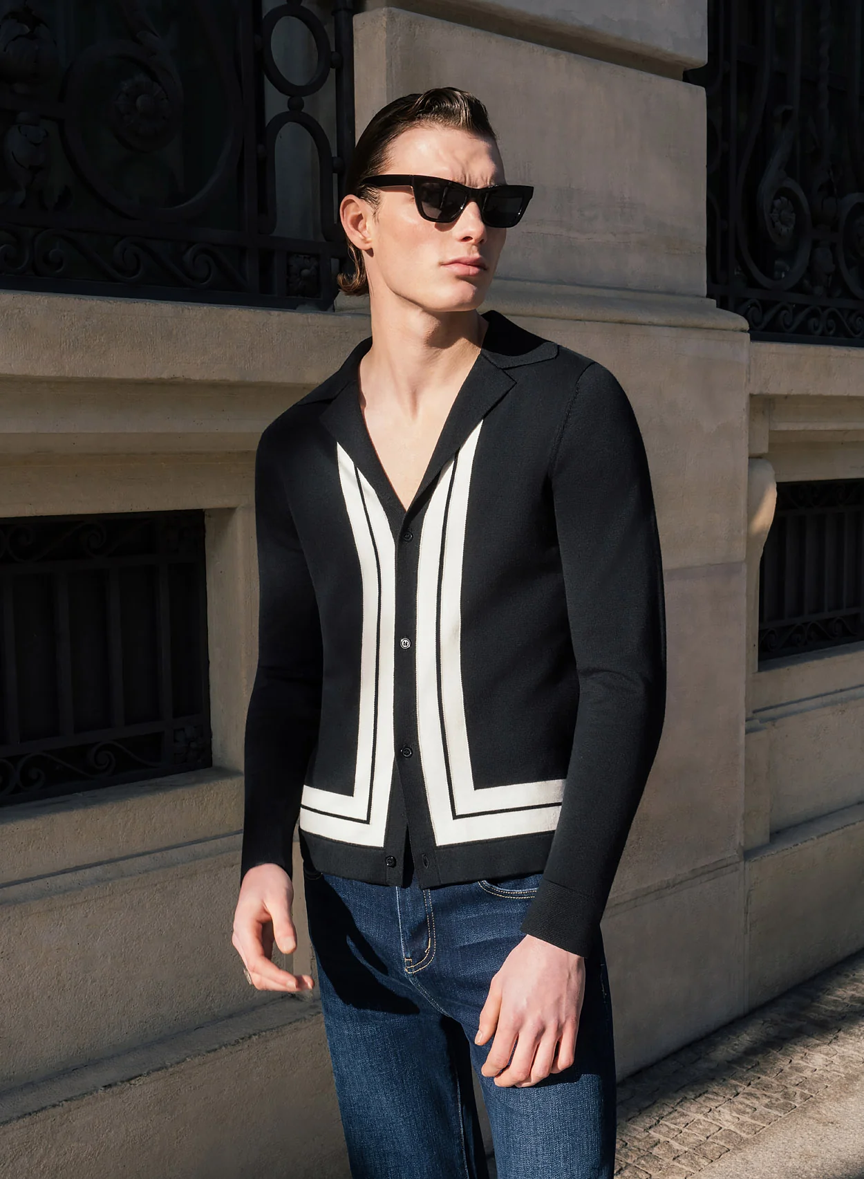 Black 50's Long Sleeve Shirt with White Stripe Border - Image 3