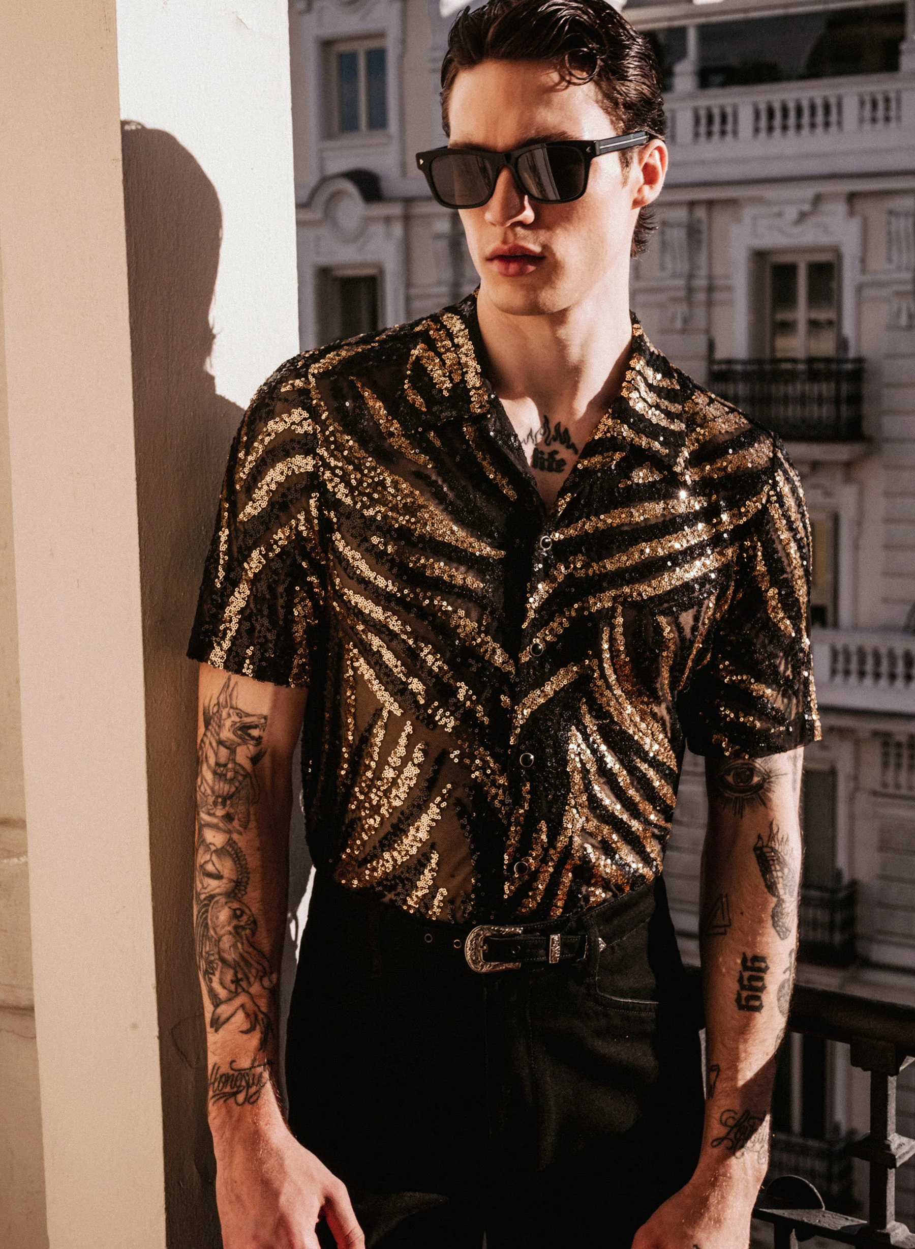 Black and Gold Zebra Sequin Embellished Cuban Shirt - Image 2