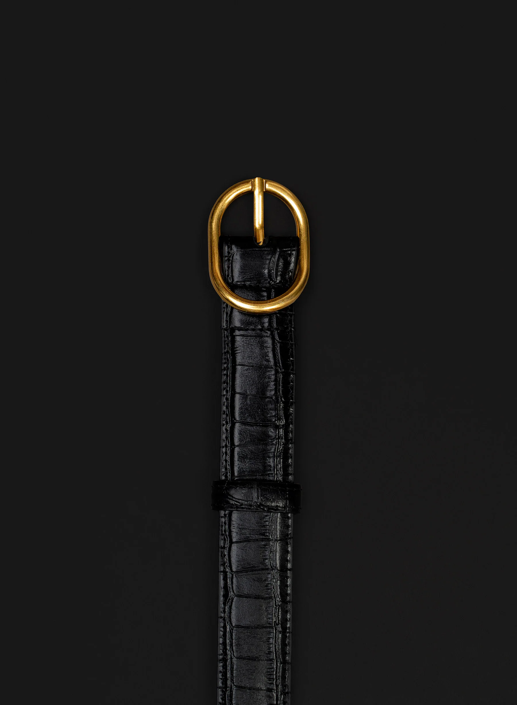 Black Croc Effect Leather Round Gold Buckle Belt - Image 2