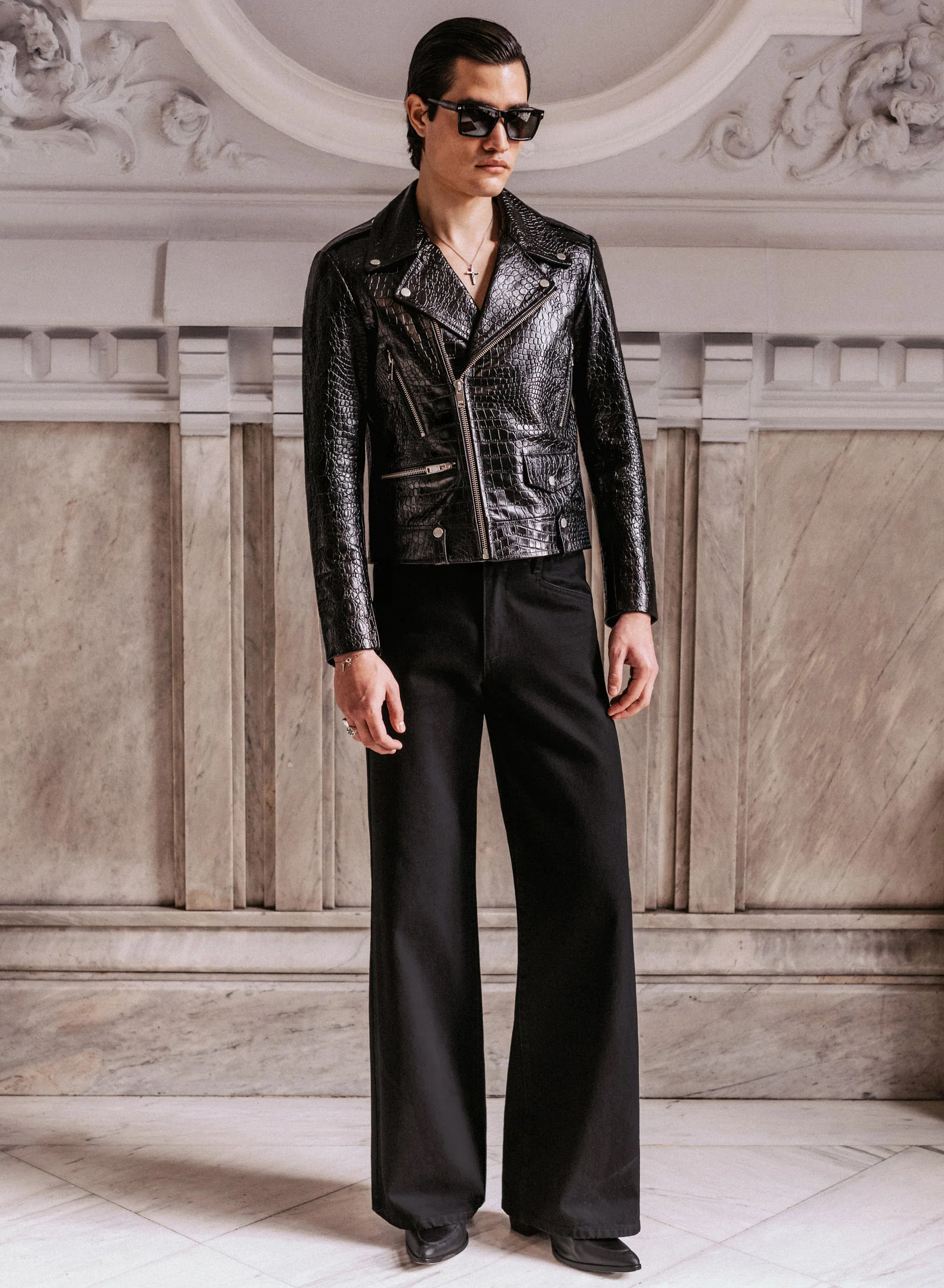 Black Cropped Croc Effect Leather Biker Jacket - Image 3