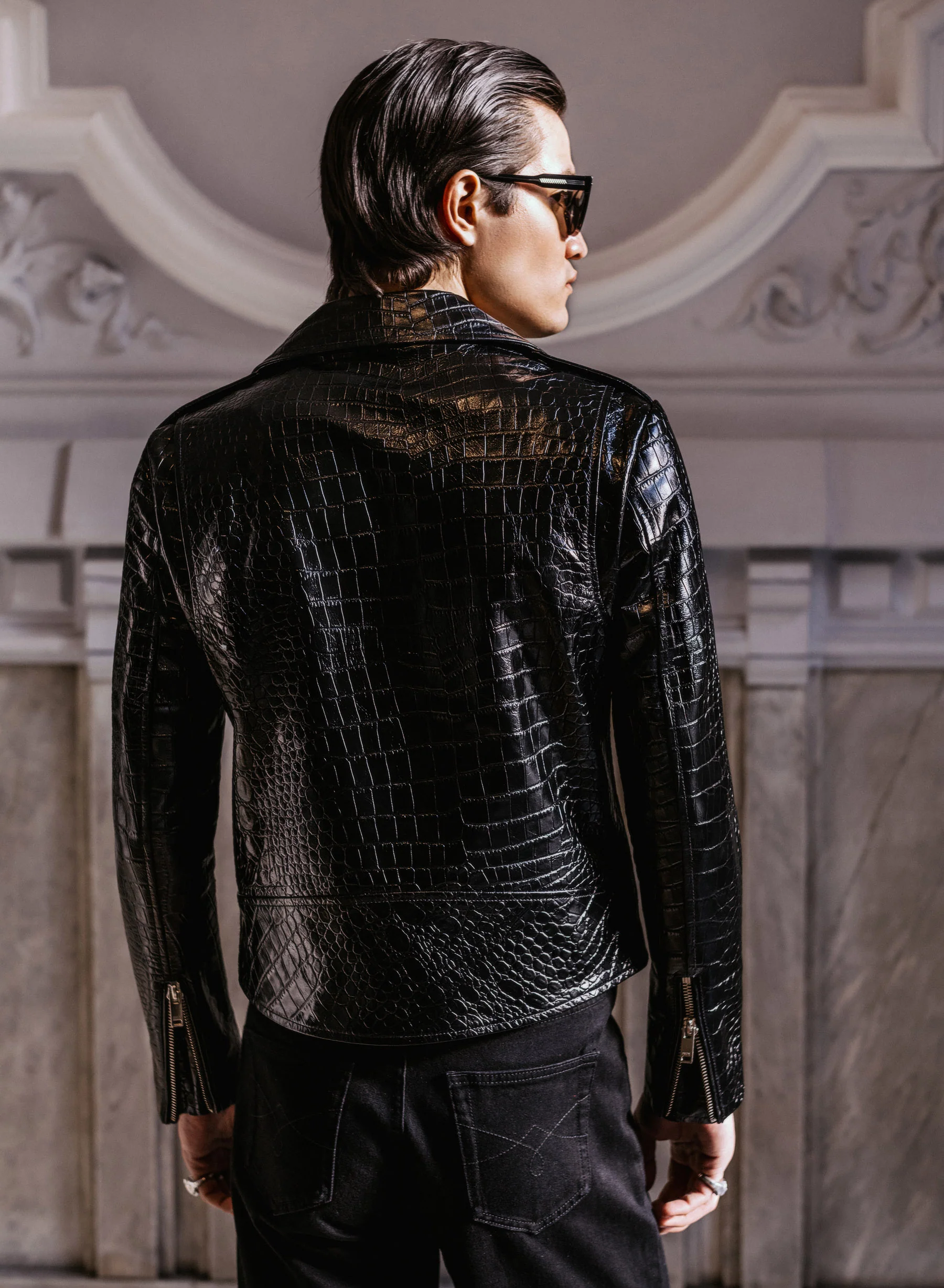 Black Cropped Croc Effect Leather Biker Jacket - Image 4
