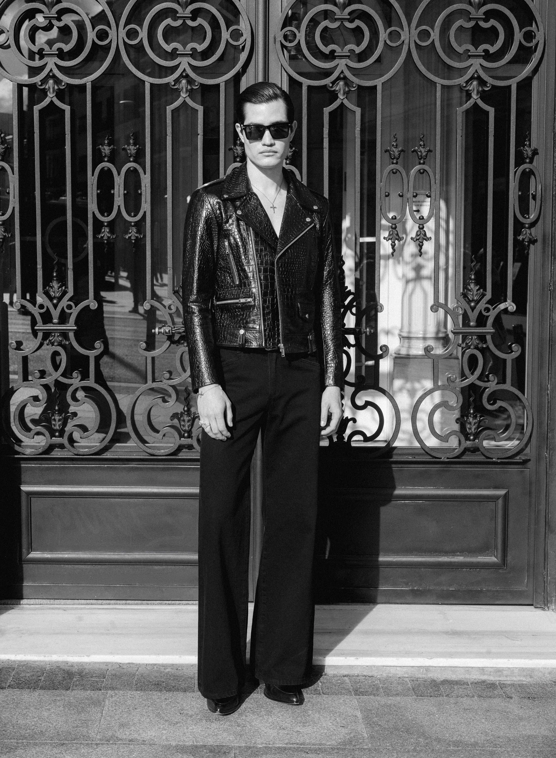 Black Cropped Croc Effect Leather Biker Jacket - Image 5