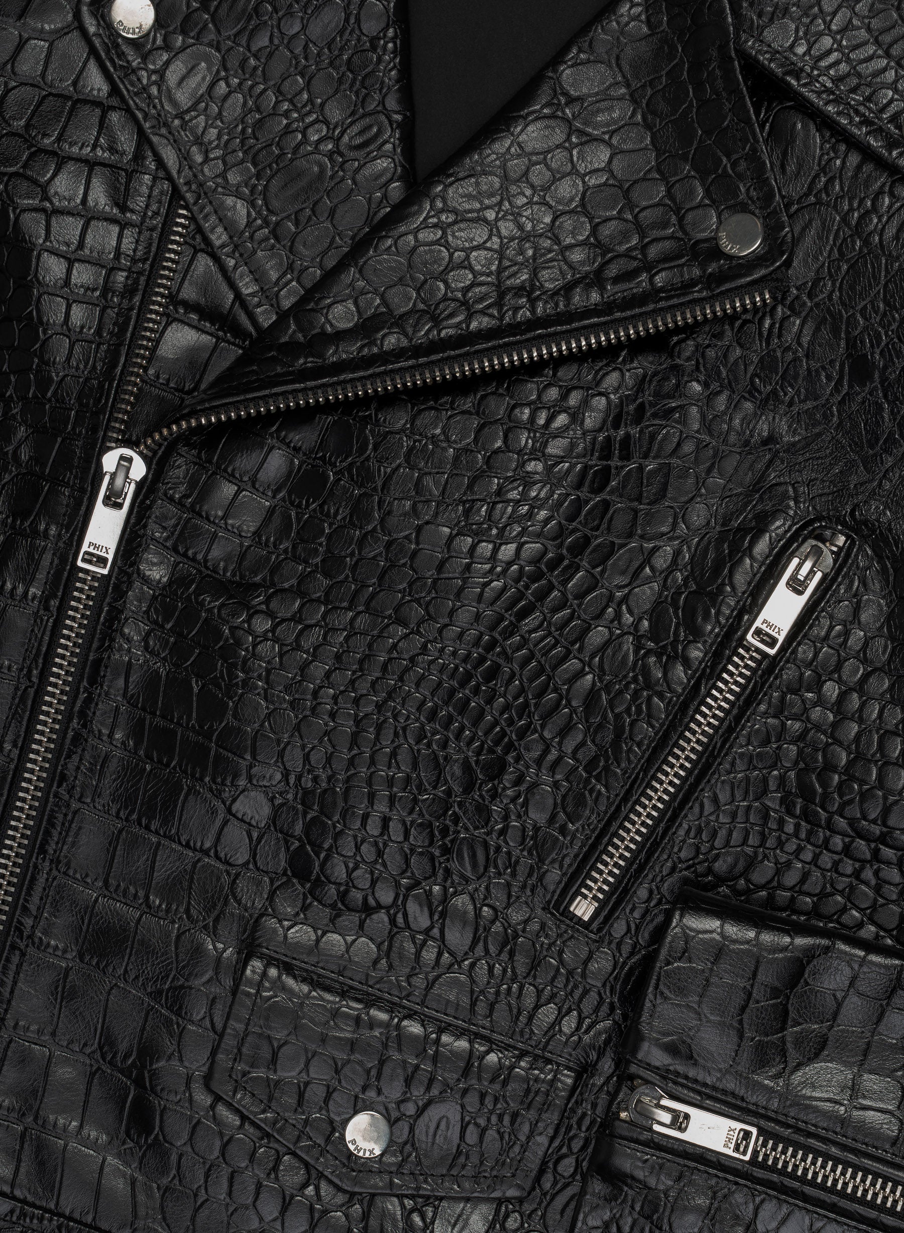 Black Cropped Croc Effect Leather Biker Jacket - Image 7