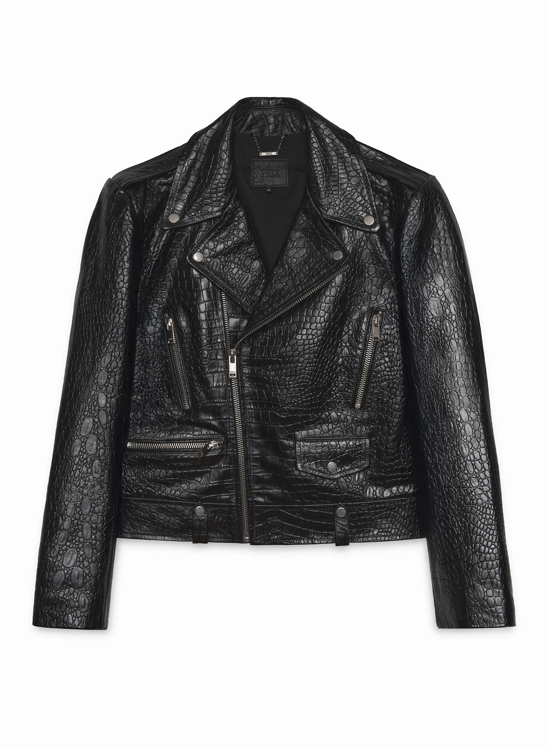 Black Cropped Croc Effect Leather Biker Jacket - Image 8