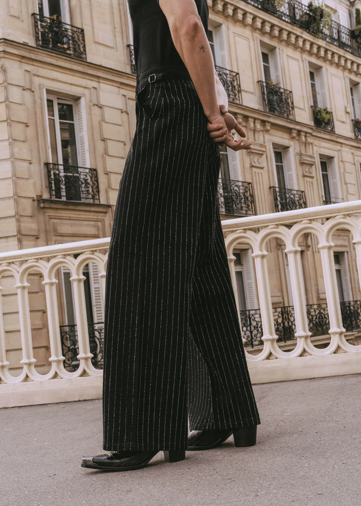 Black Rhinestone Pinstripe Wide Leg Side Buckle Jeans - Image 2