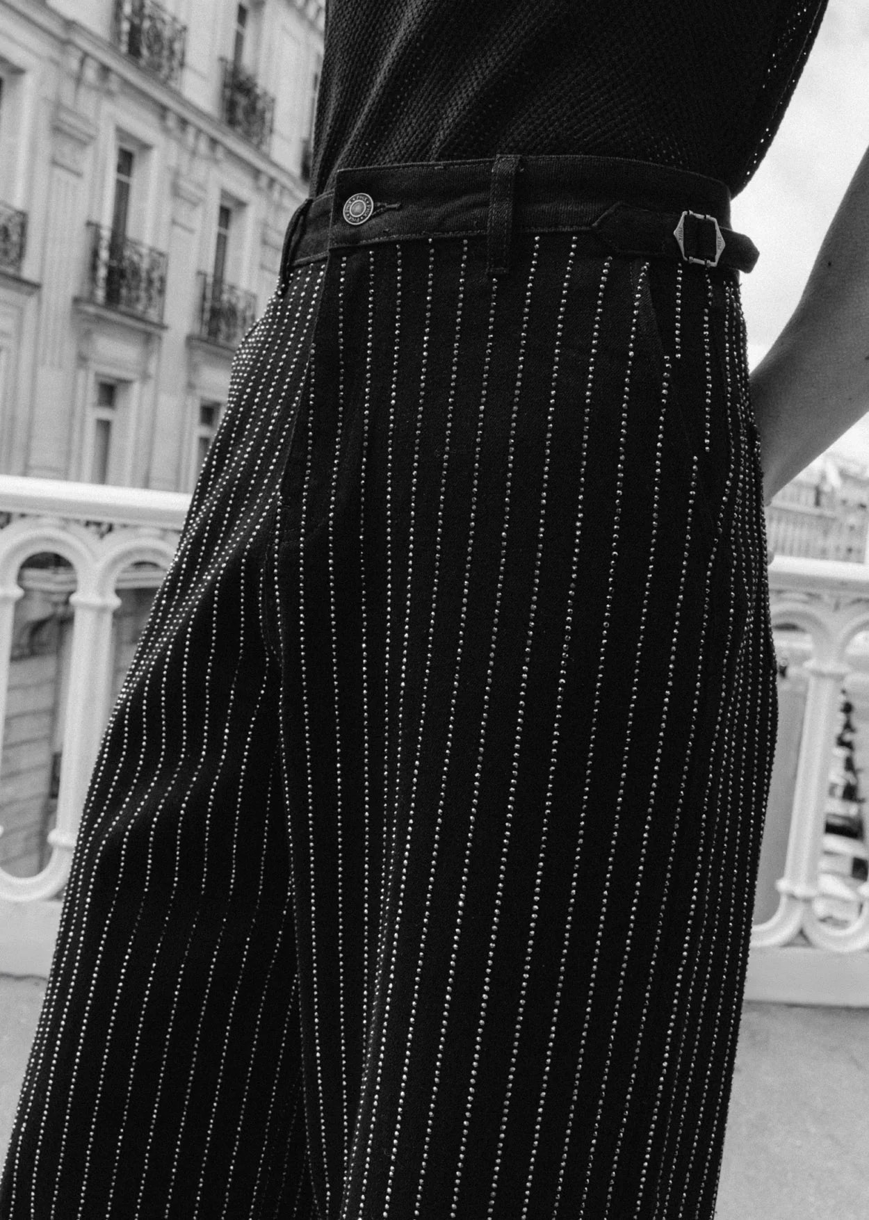 Black Rhinestone Pinstripe Wide Leg Side Buckle Jeans - Image 3