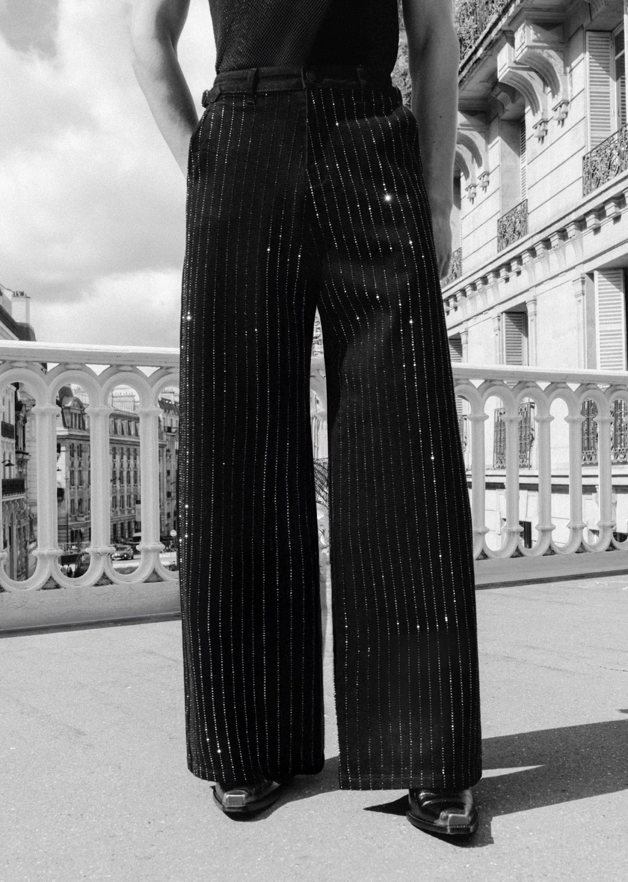 Black Rhinestone Pinstripe Wide Leg Side Buckle Jeans - Image 4