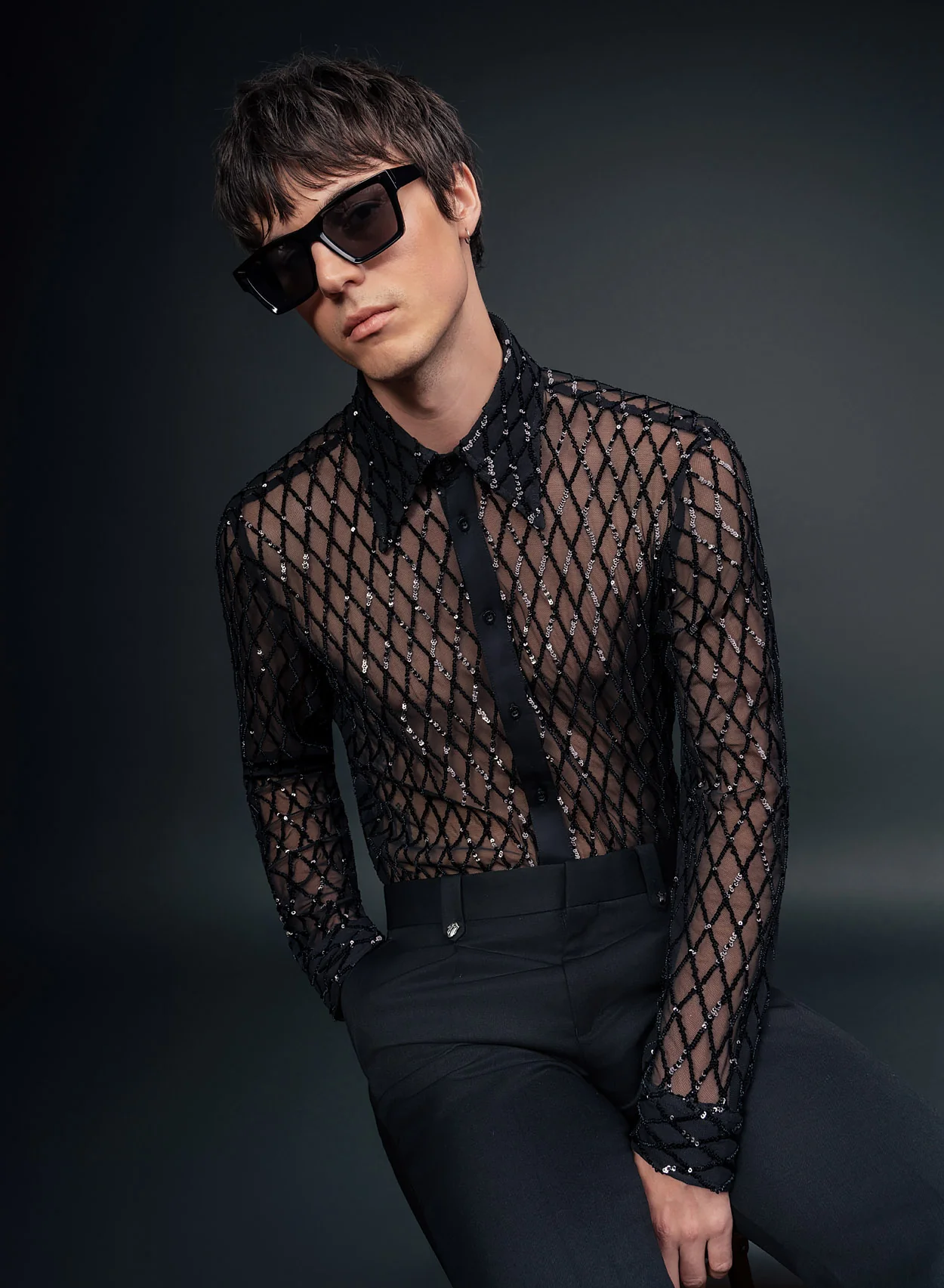 Black Diamond Sequin Embellished Lace Shirt - Image 3