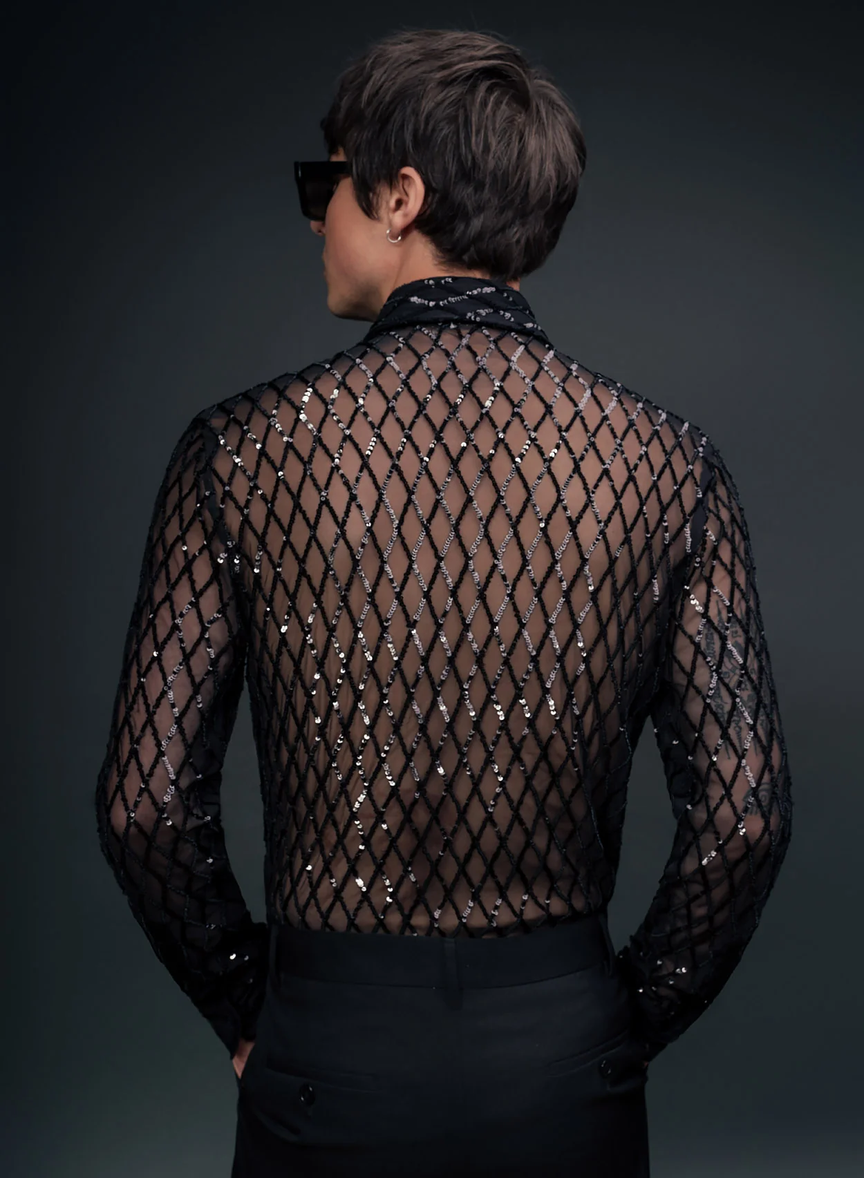 Black Diamond Sequin Embellished Lace Shirt - Image 4