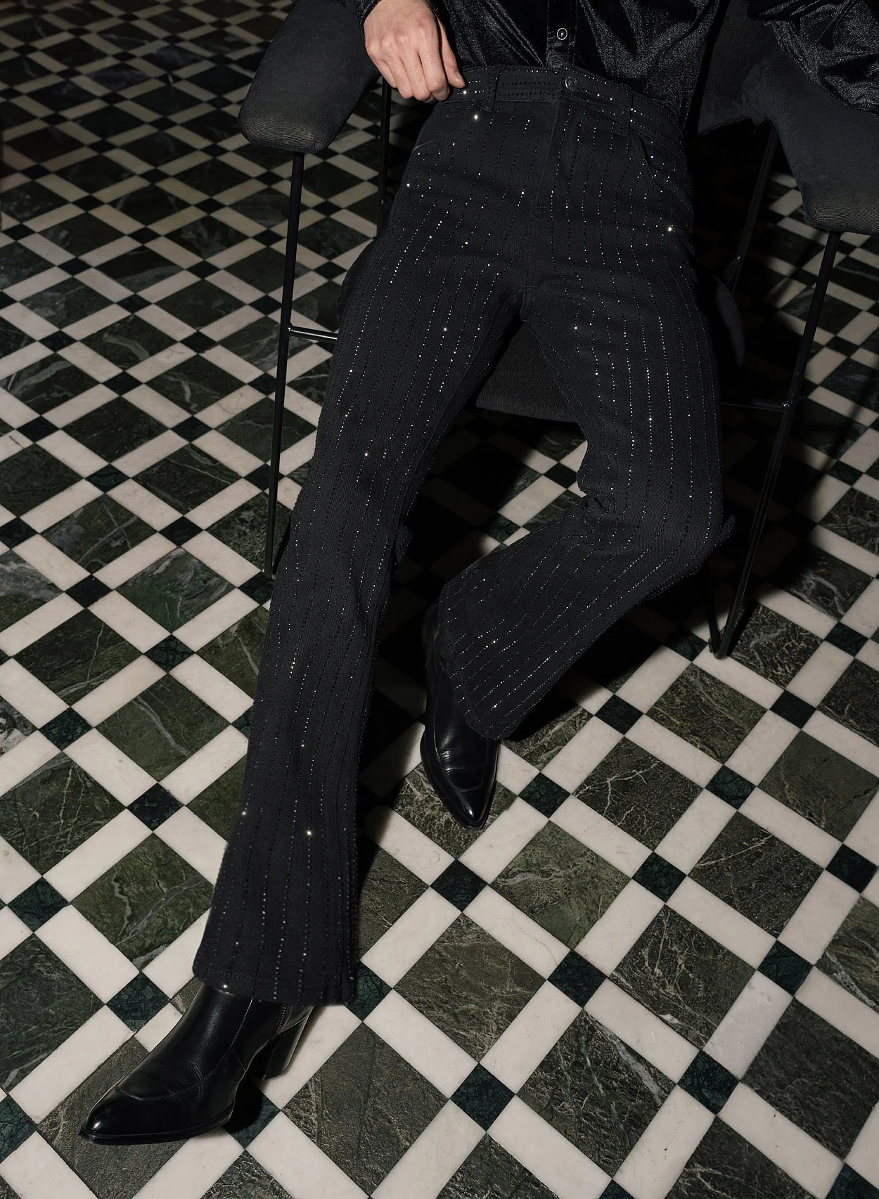 Black Diamante Pin Stripe Denim Flare Jeans - Image 4