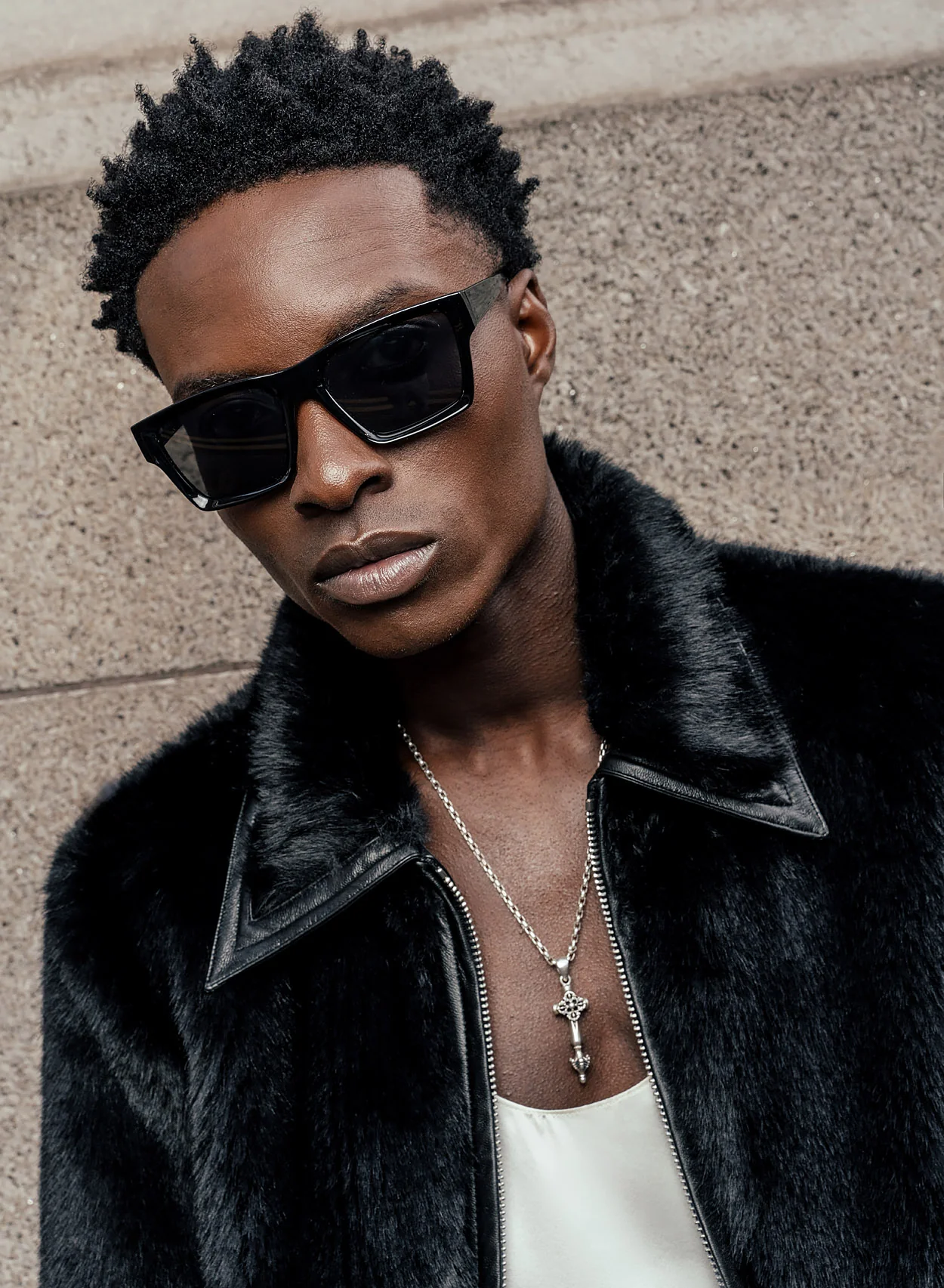 Black Faux Fur Leather Trim Jacket - Image 2