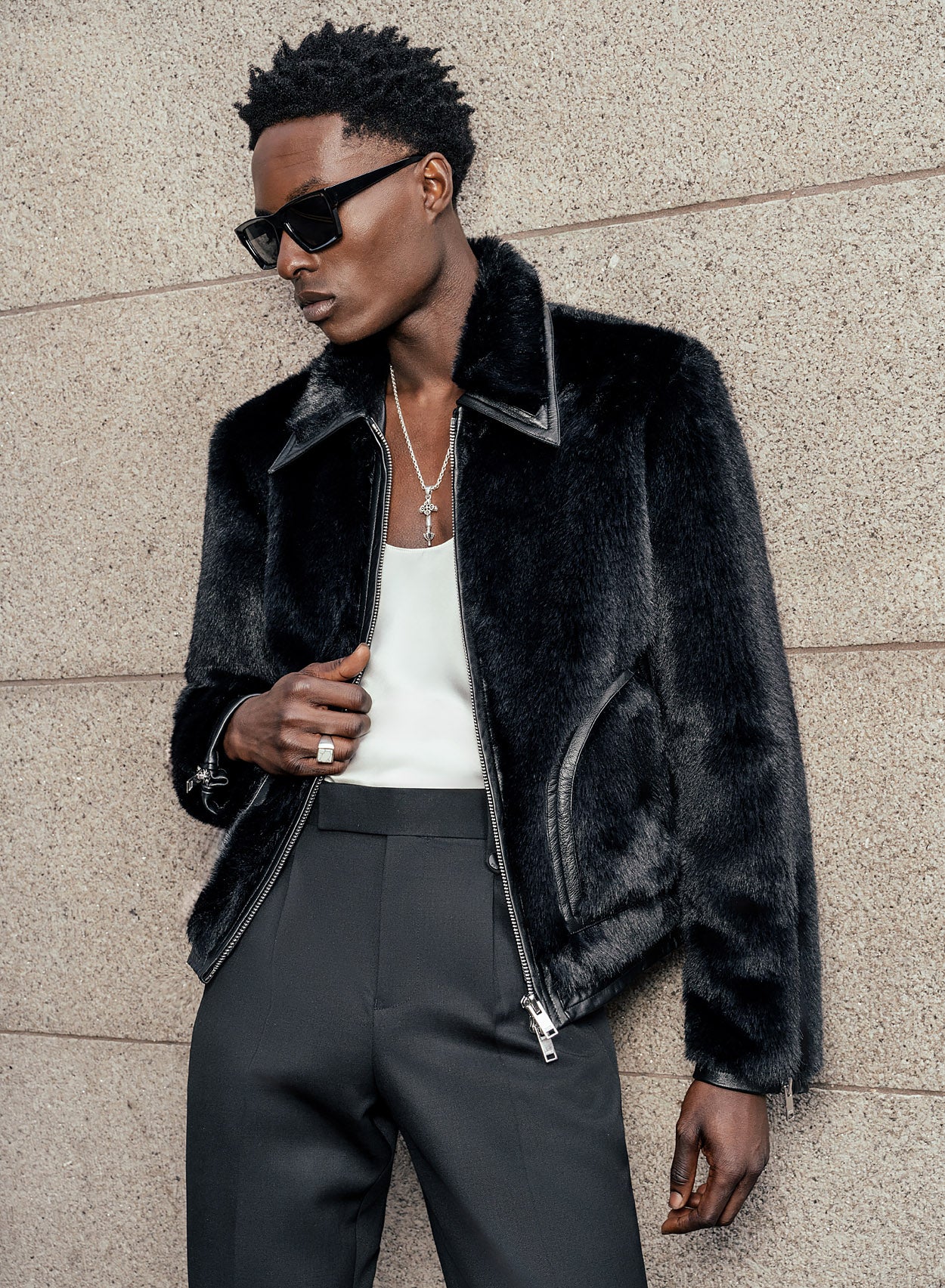 Black Faux Fur Leather Trim Jacket - Image 5