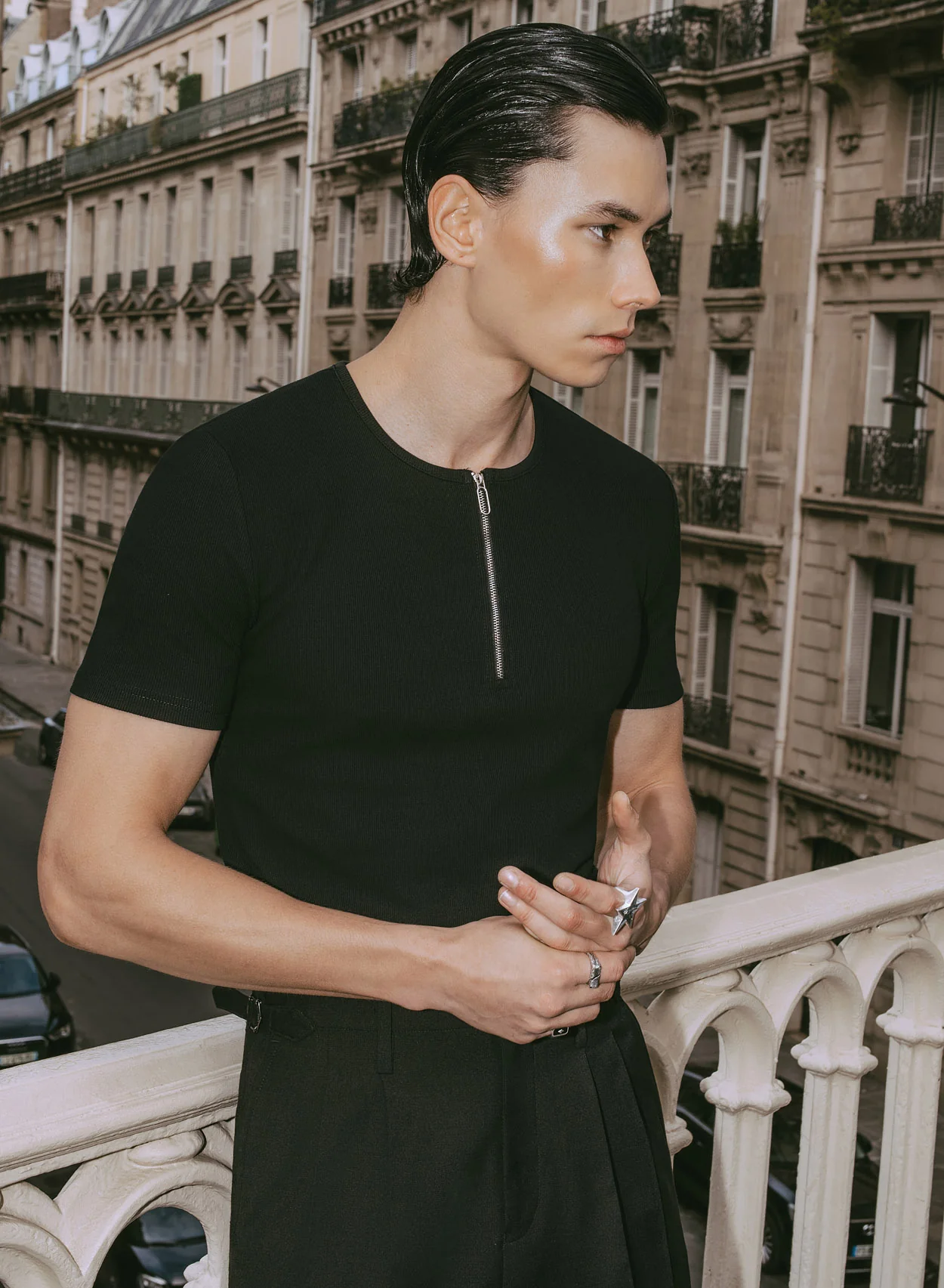 Black Ribbed Cotton Henley Zip T-Shirt - Image 2