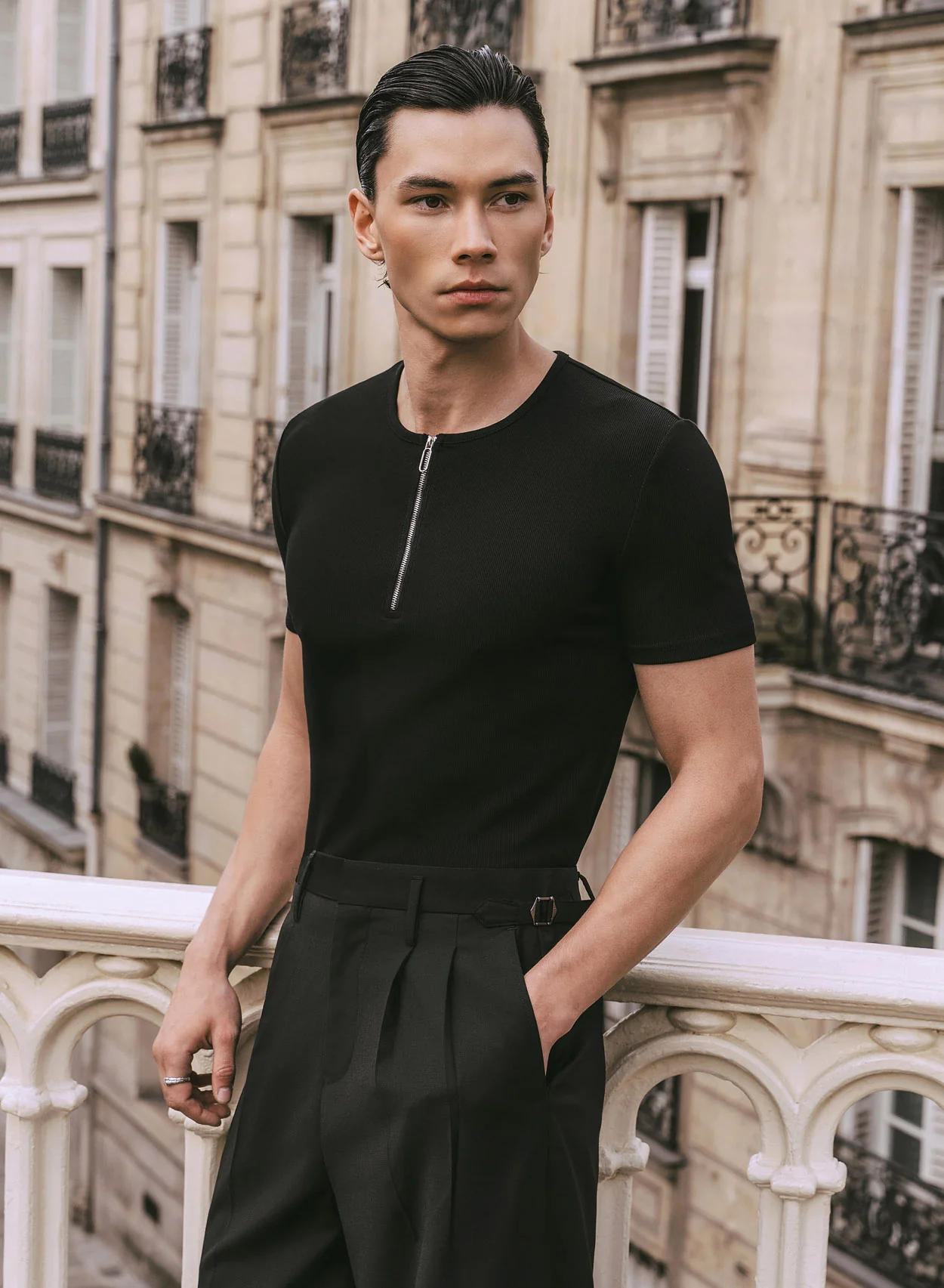 Black Ribbed Cotton Henley Zip T-Shirt - Image 6