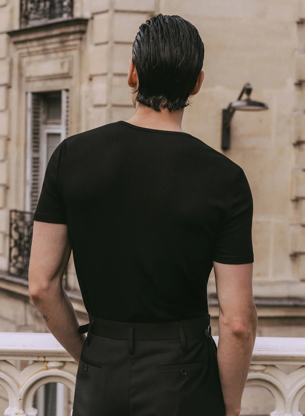 Black Ribbed Cotton Henley Zip T-Shirt - Image 8