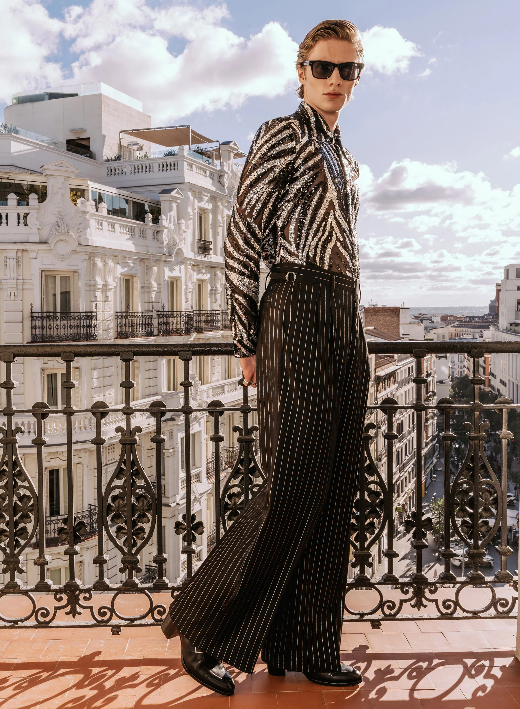 Black High Waisted Side Buckle Silver Pinstripe Flare Trousers - Image 2