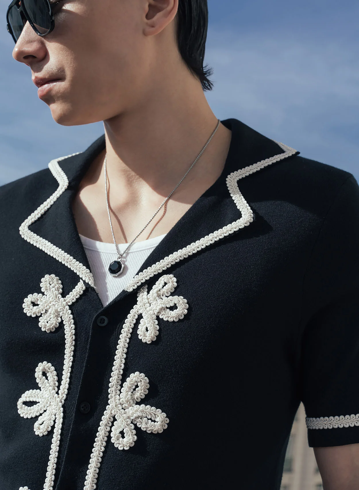Black Embroidery Lace Knitted Cotton Polo - Image 5