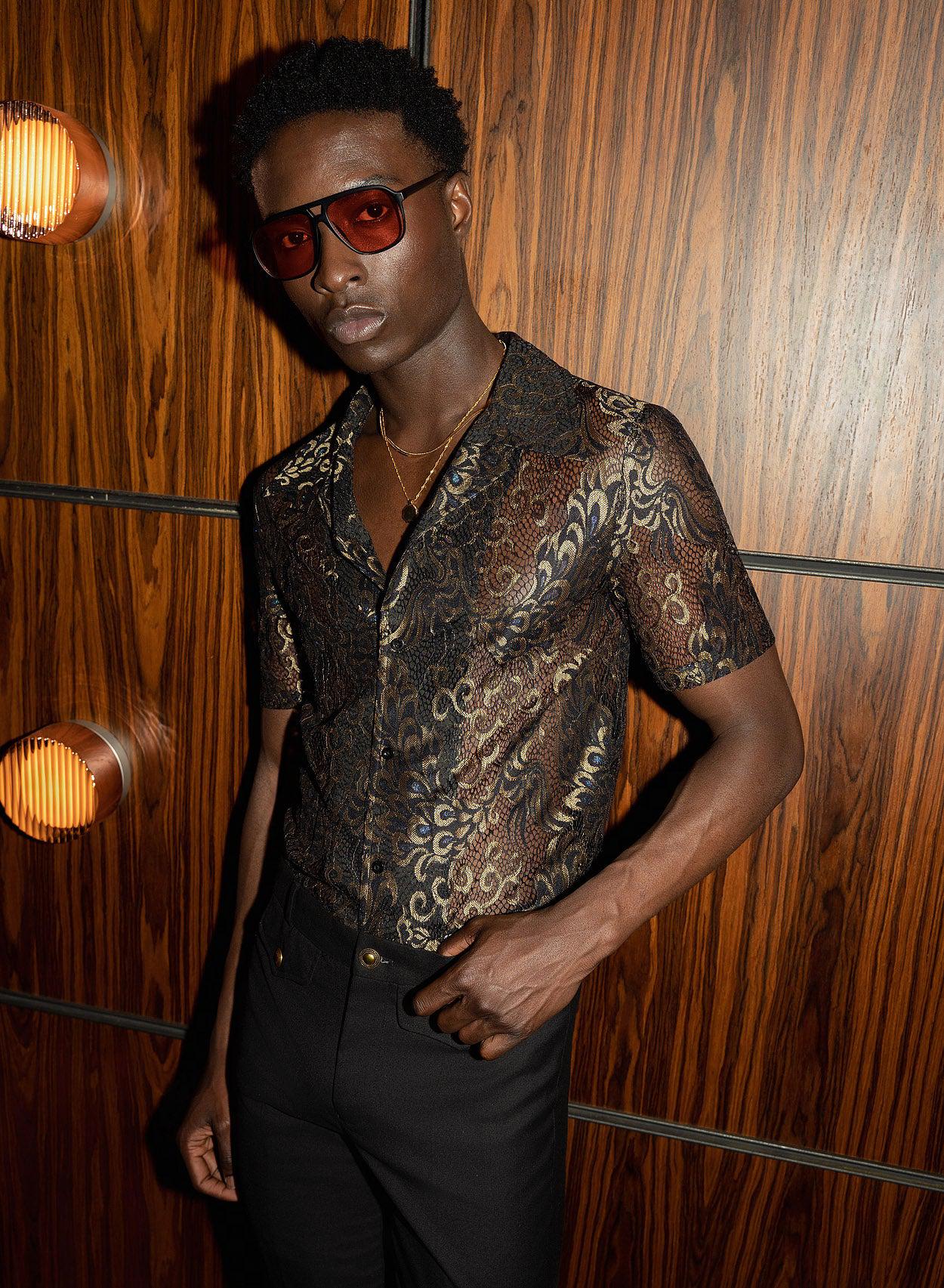Black Lace Gold Short Sleeve Cuban Peacock Shirt - Image 4