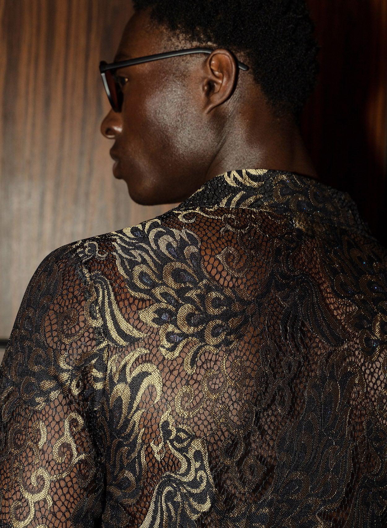 Black Lace Gold Short Sleeve Cuban Peacock Shirt - Image 5