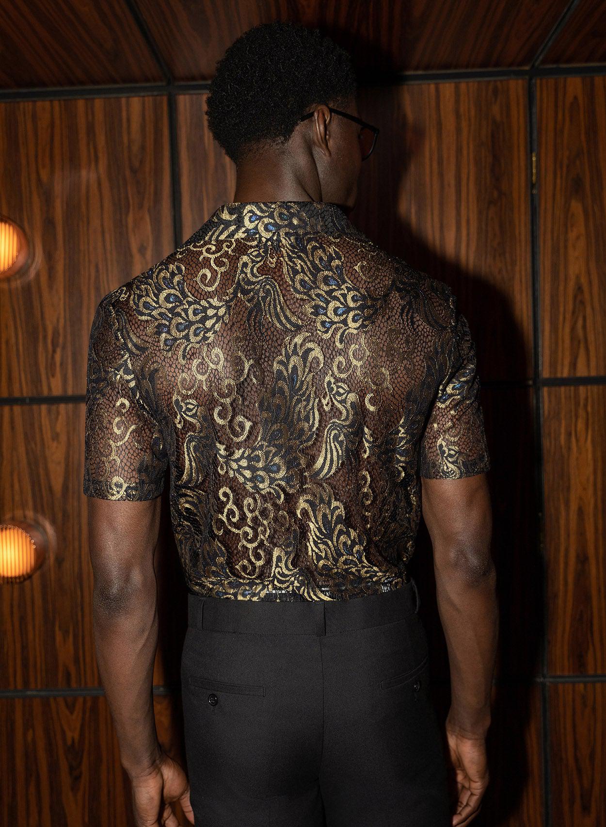 Black Lace Gold Short Sleeve Cuban Peacock Shirt - Image 6