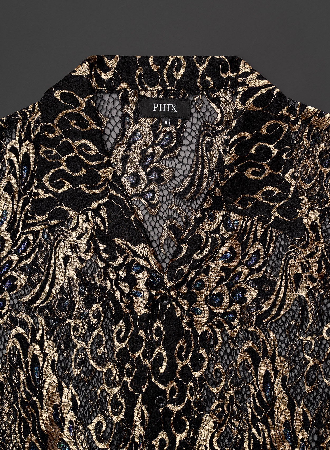 Black Lace Gold Short Sleeve Cuban Peacock Shirt - Image 7