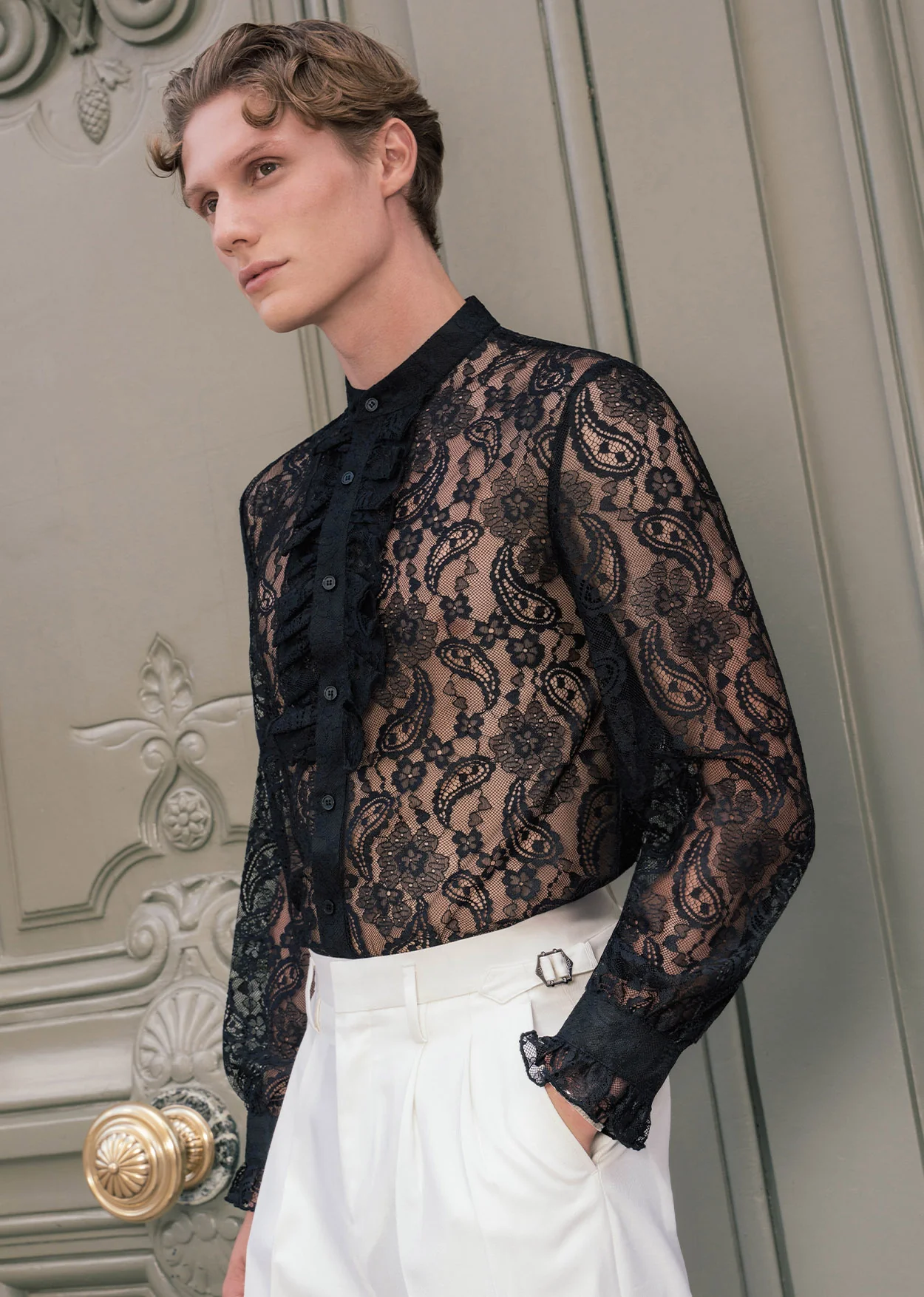 Black Lace Paisley Ruffle Shirt - Image 2