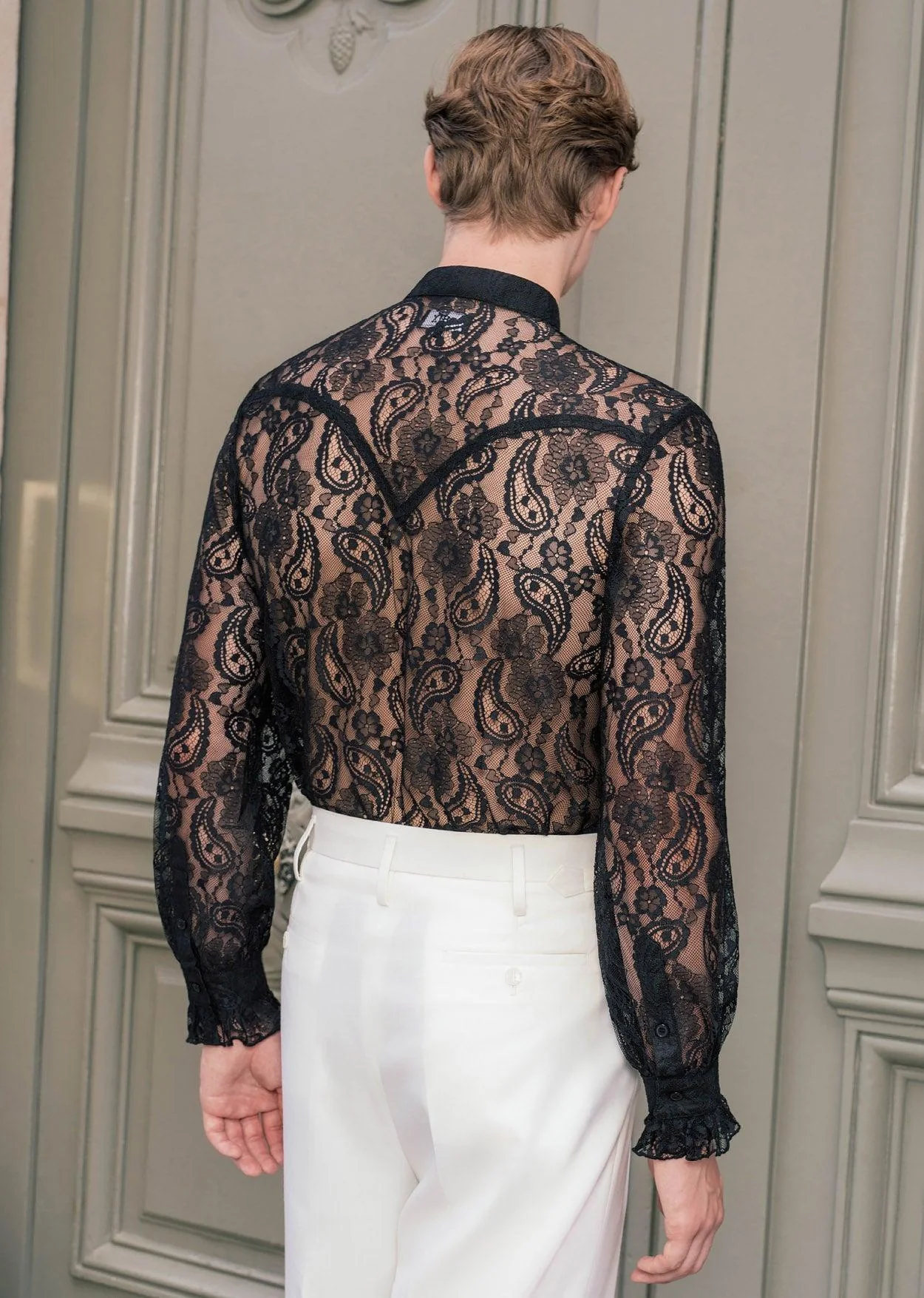 Black Lace Paisley Ruffle Shirt - Image 5