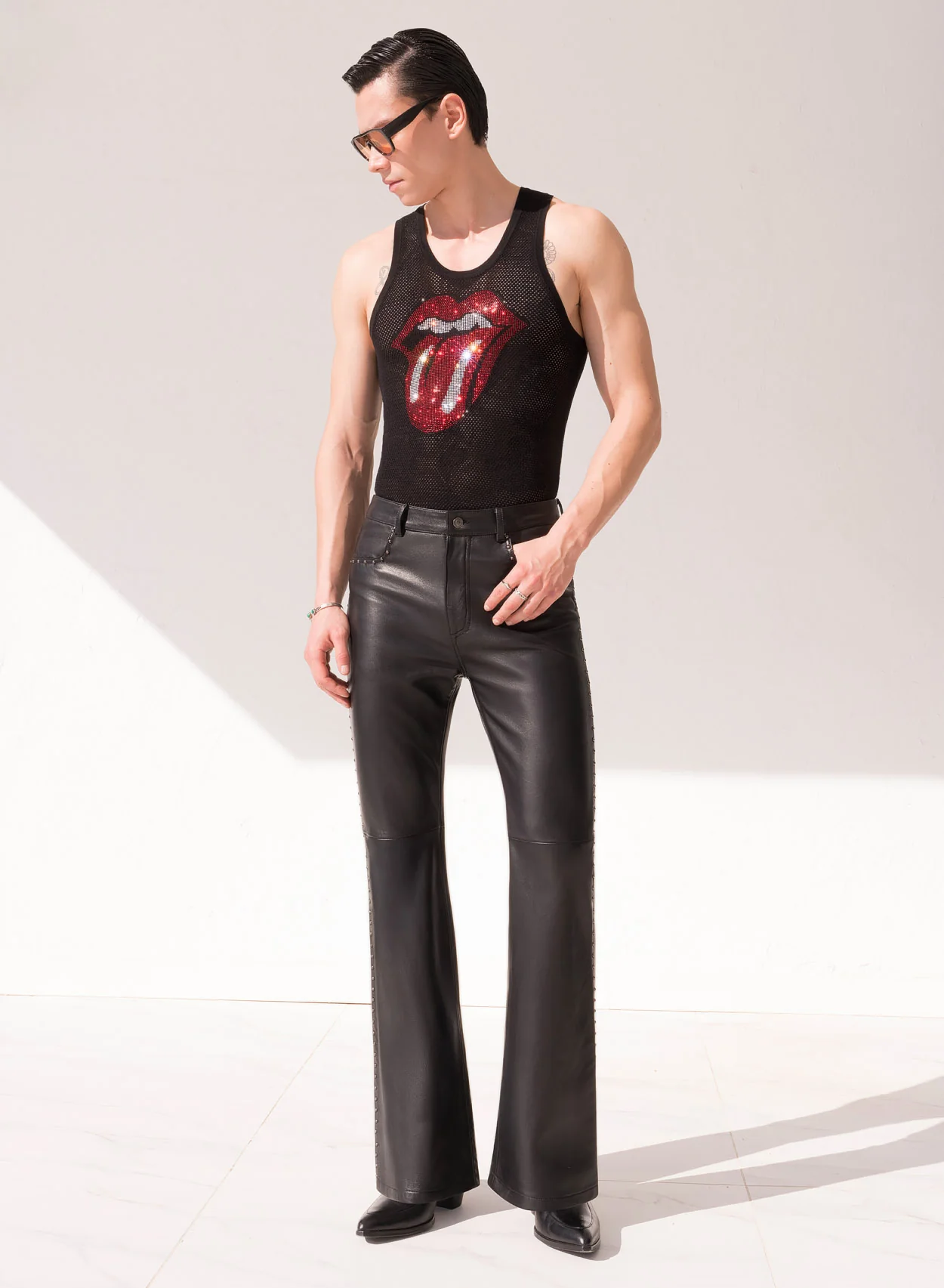 Black Leather Studded Flare Trousers - Image 2