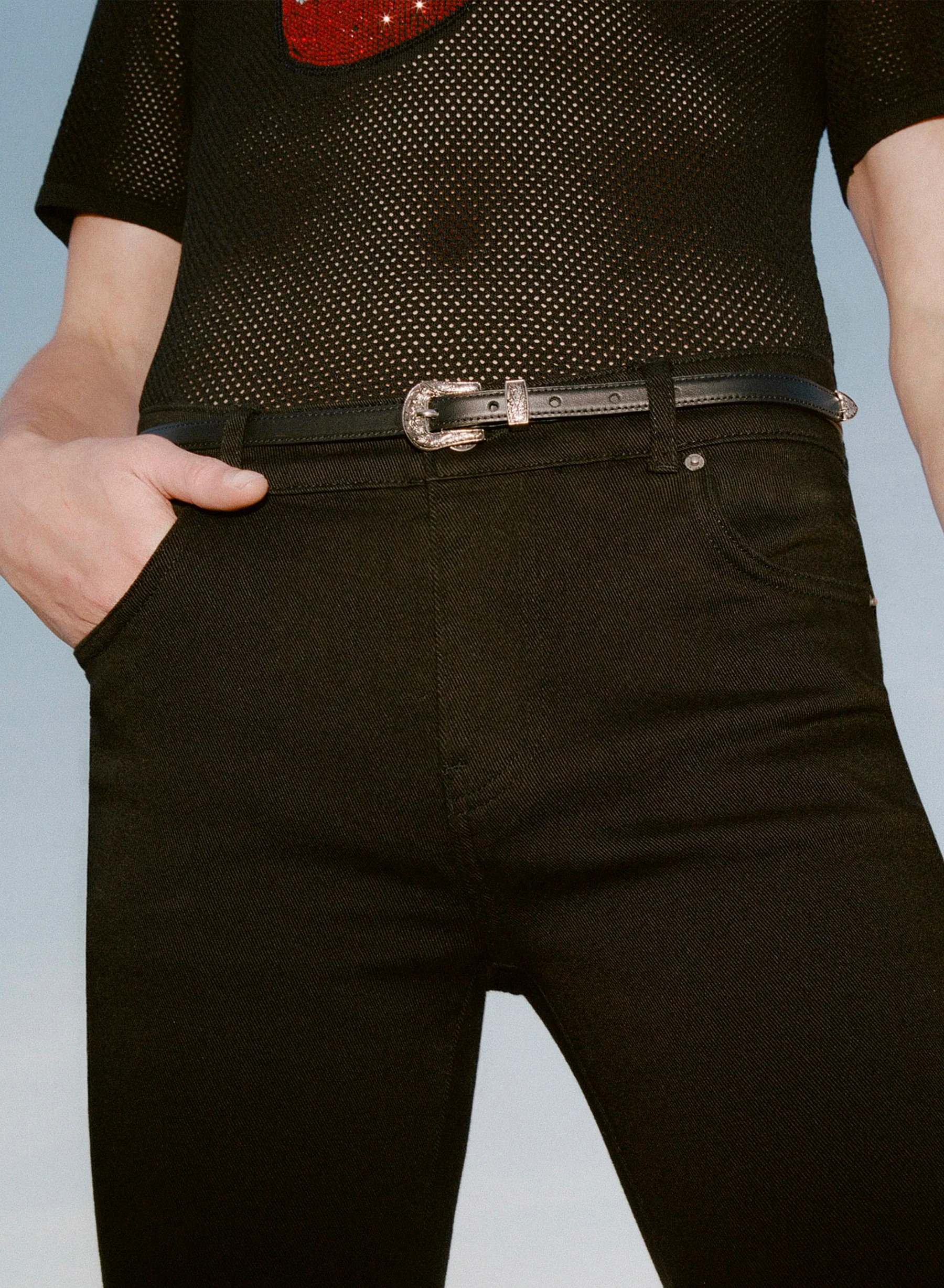 Black Leather Slim Western Buckle Belt - Image 5
