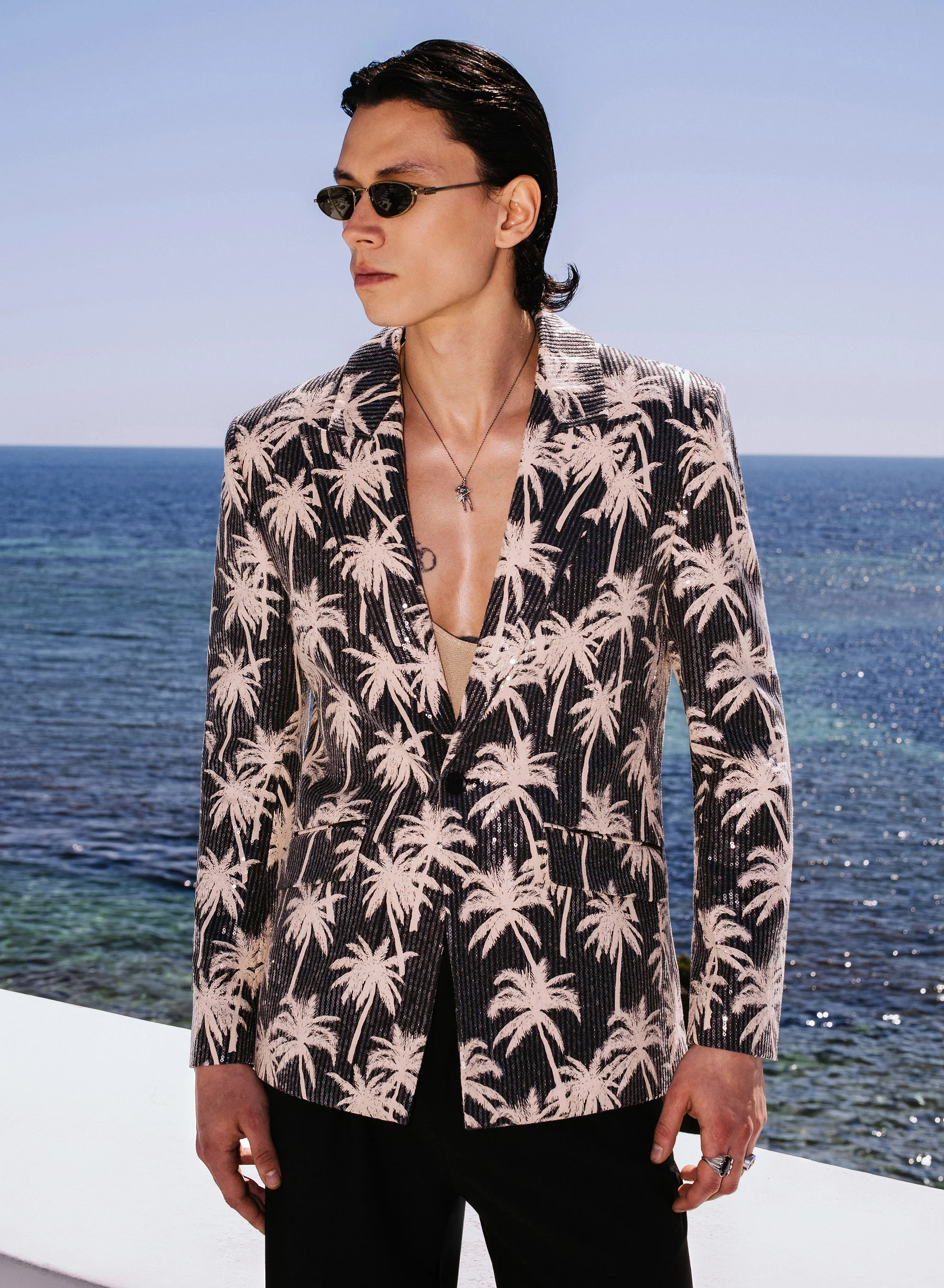 Black Linen Palm Sequin Blazer - Image 5