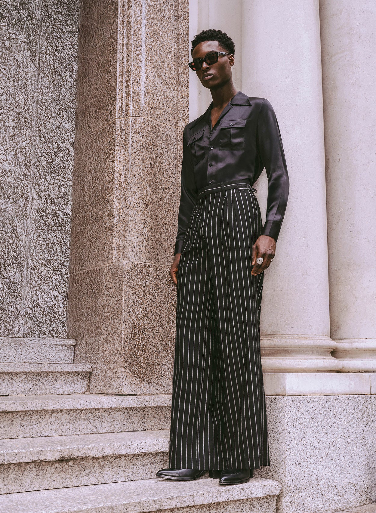 Black Linen Pinstripe High Waisted Side Buckle Trousers - Image 5