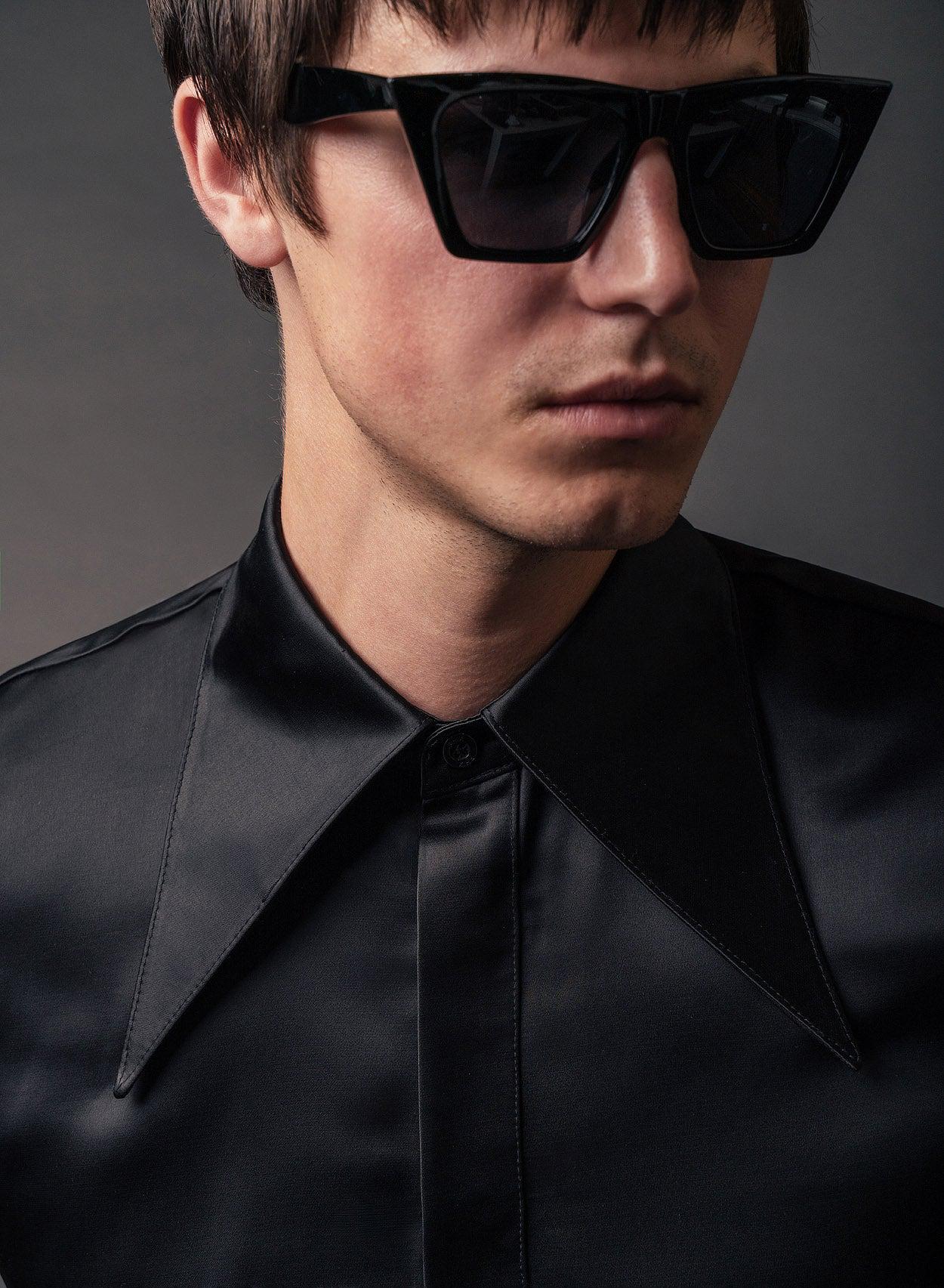 Black Satin Oversize Dagger Collar Shirt - Image 3