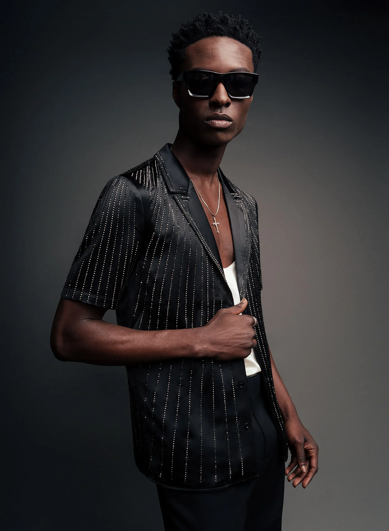 Black Satin Symmetric Short Sleeve Sequin Shirt - Image 3