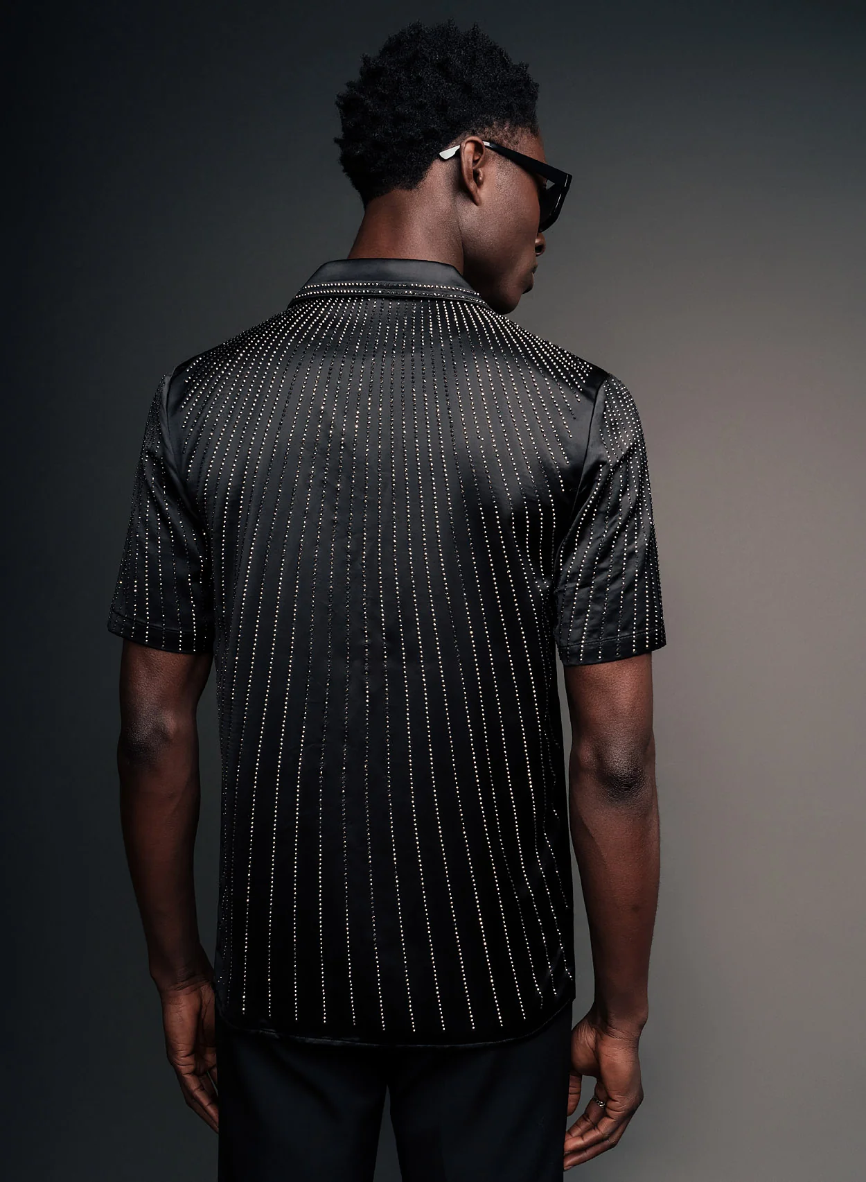 Black Satin Symmetric Short Sleeve Sequin Shirt - Image 5