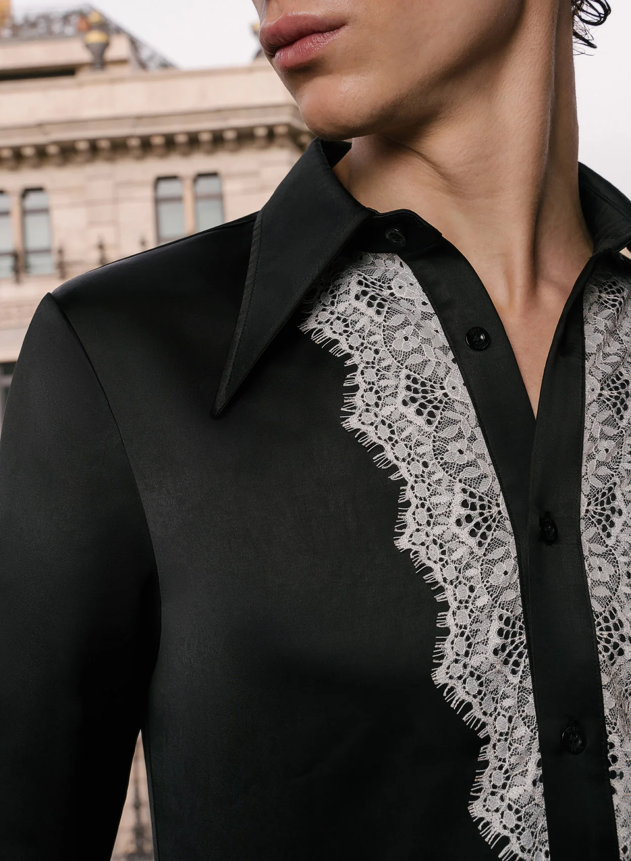Black Satin White Lace Lapel Shirt - Image 3