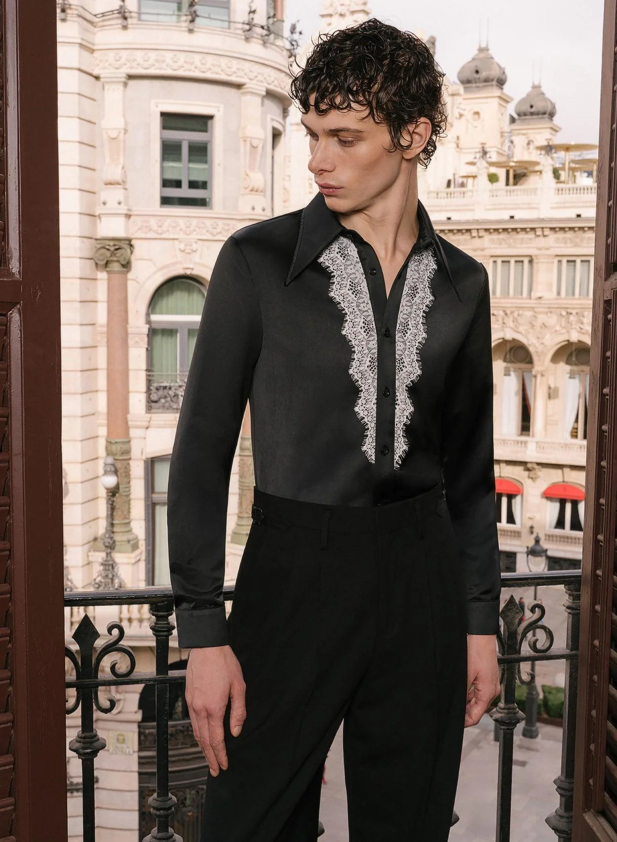 Black Satin White Lace Lapel Shirt - Image 4