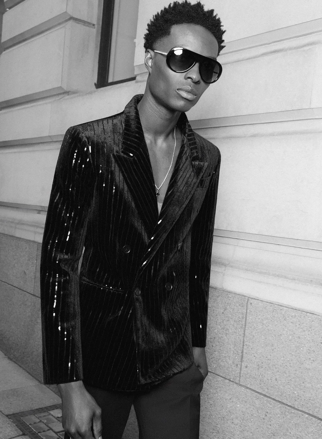 Black Pinstripe Double Breasted Velvet Blazer - Image 2