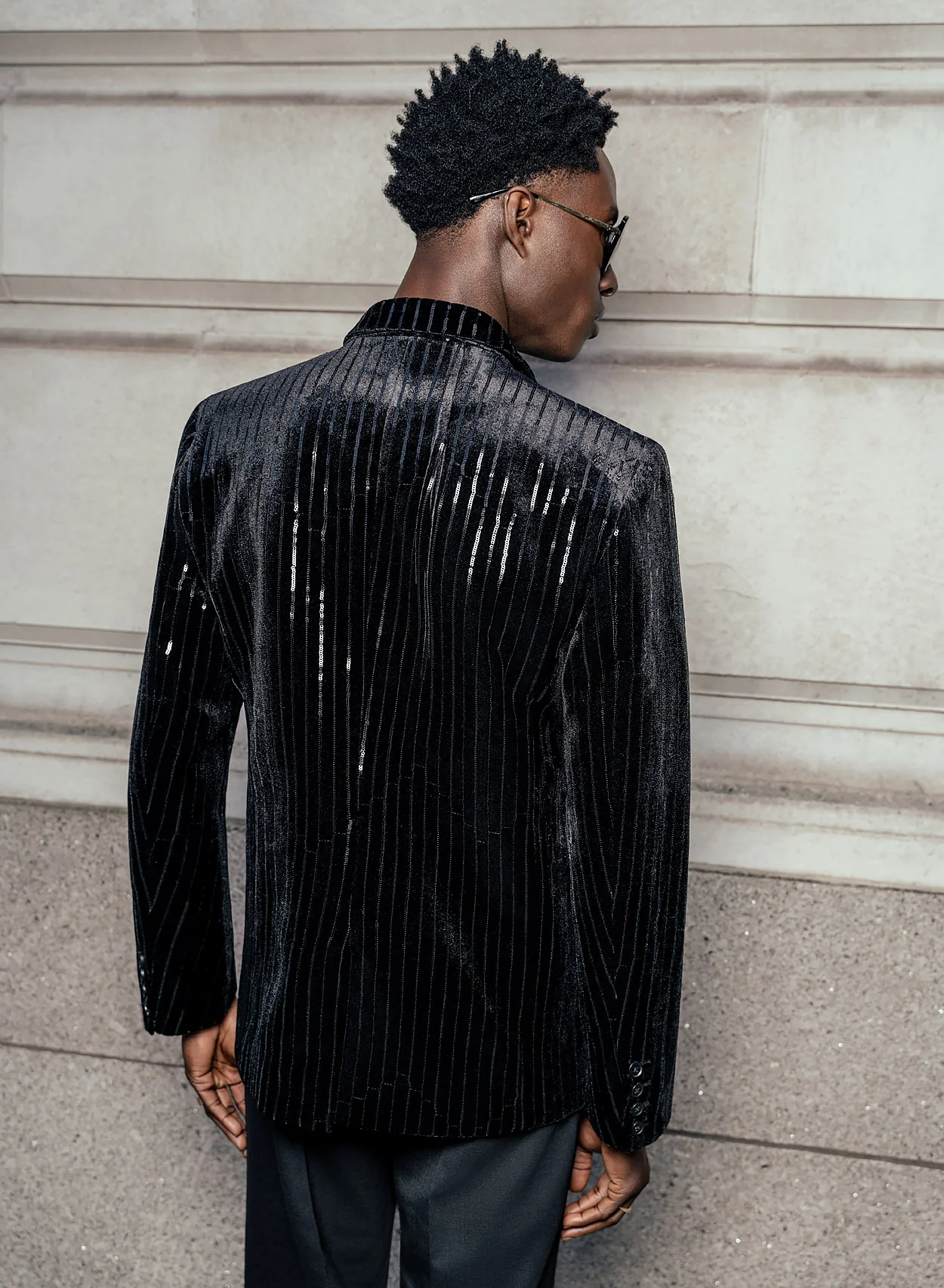 Black Pinstripe Double Breasted Velvet Blazer - Image 4