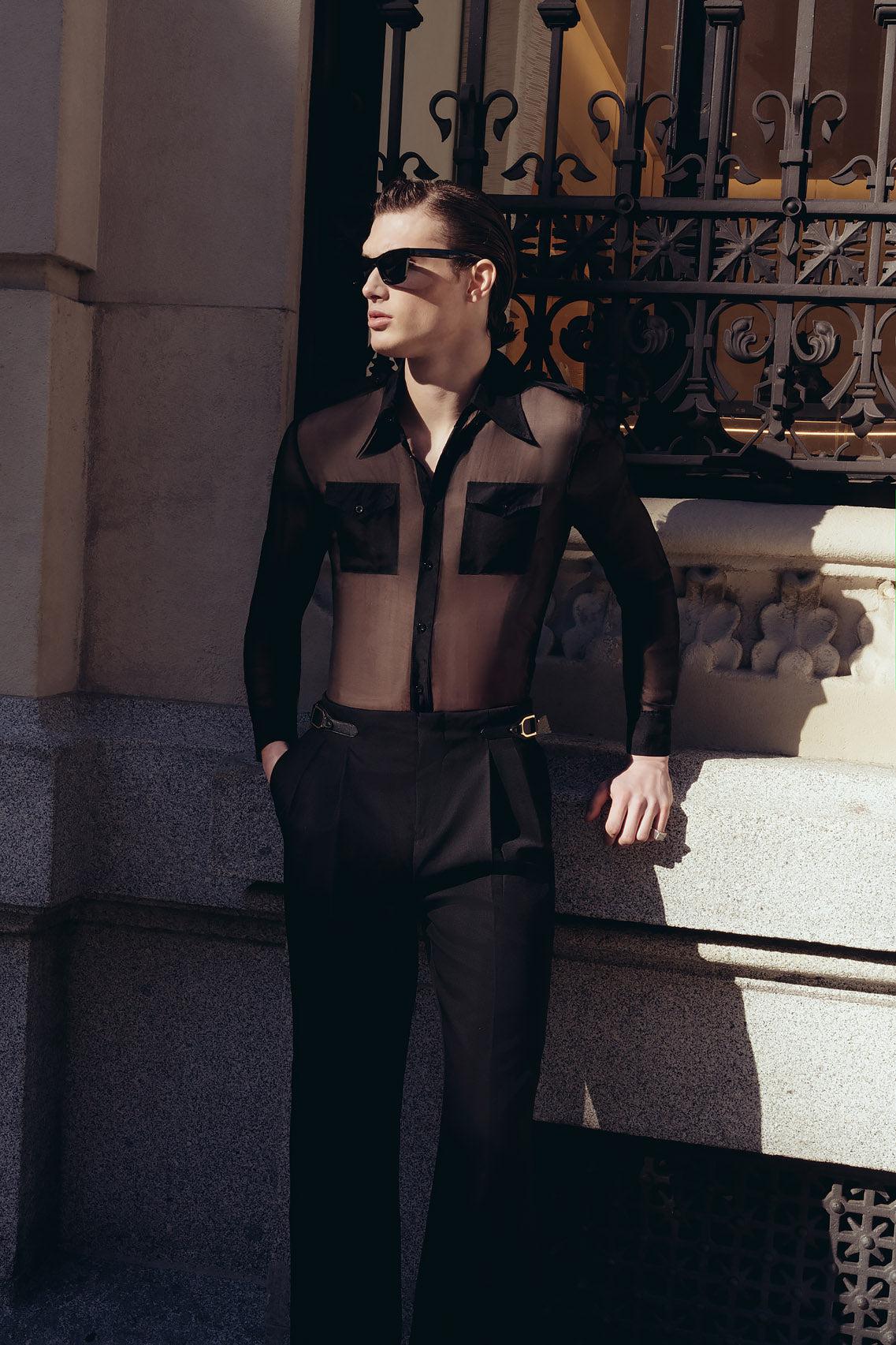 Black Silk Chiffon Button Down Shirt - Image 3