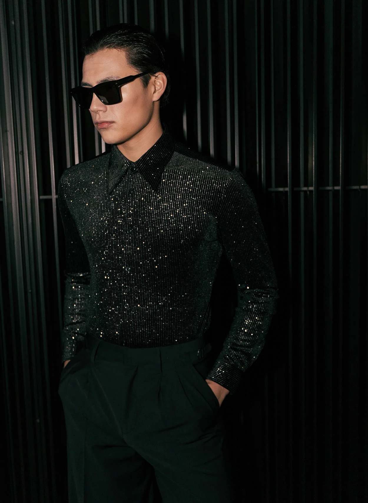 Black Silver Micro Polka Dot Velvet Shirt - Image 5