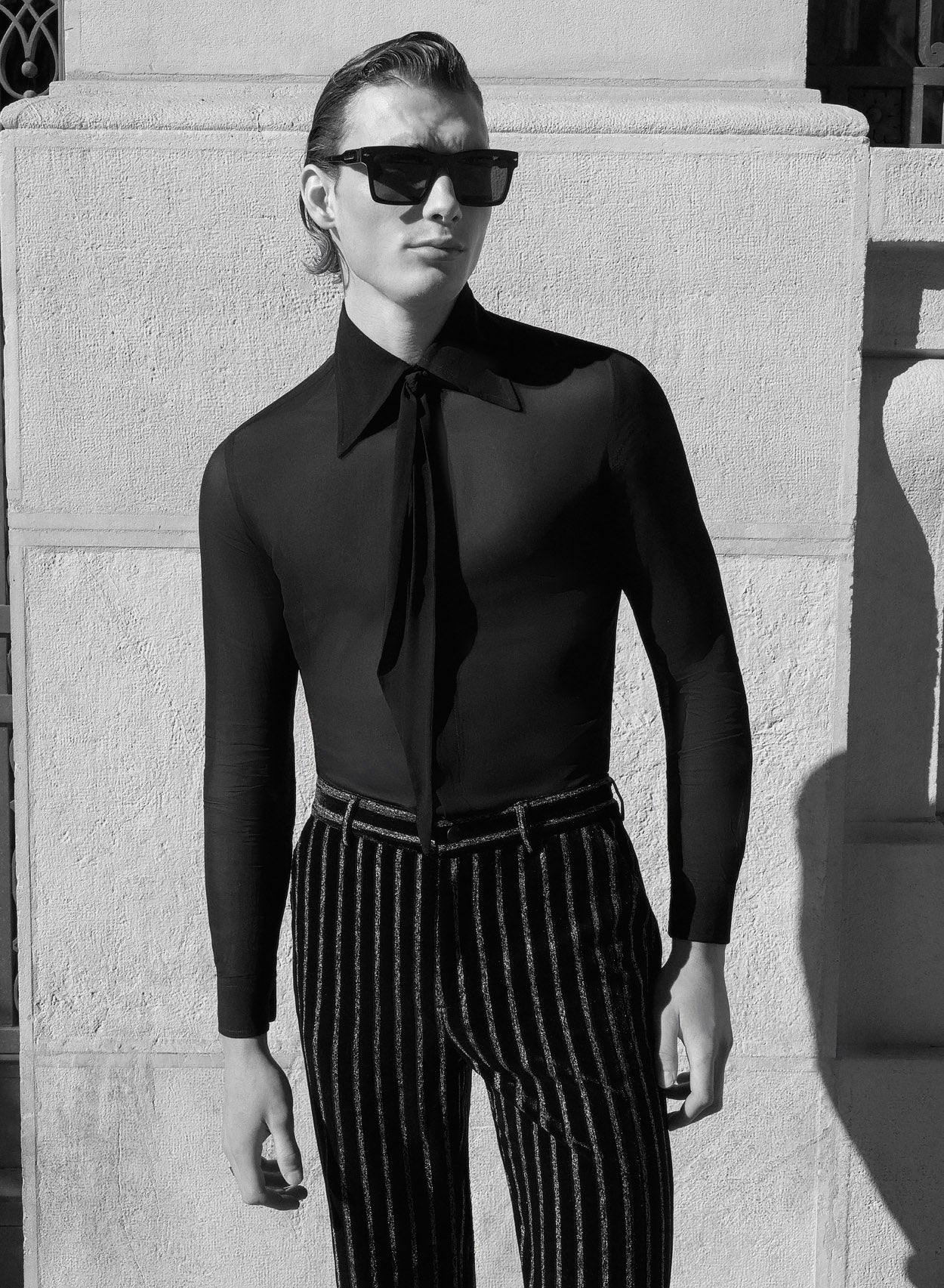Black Silver Stripe Velvet Flare Trousers - Image 2